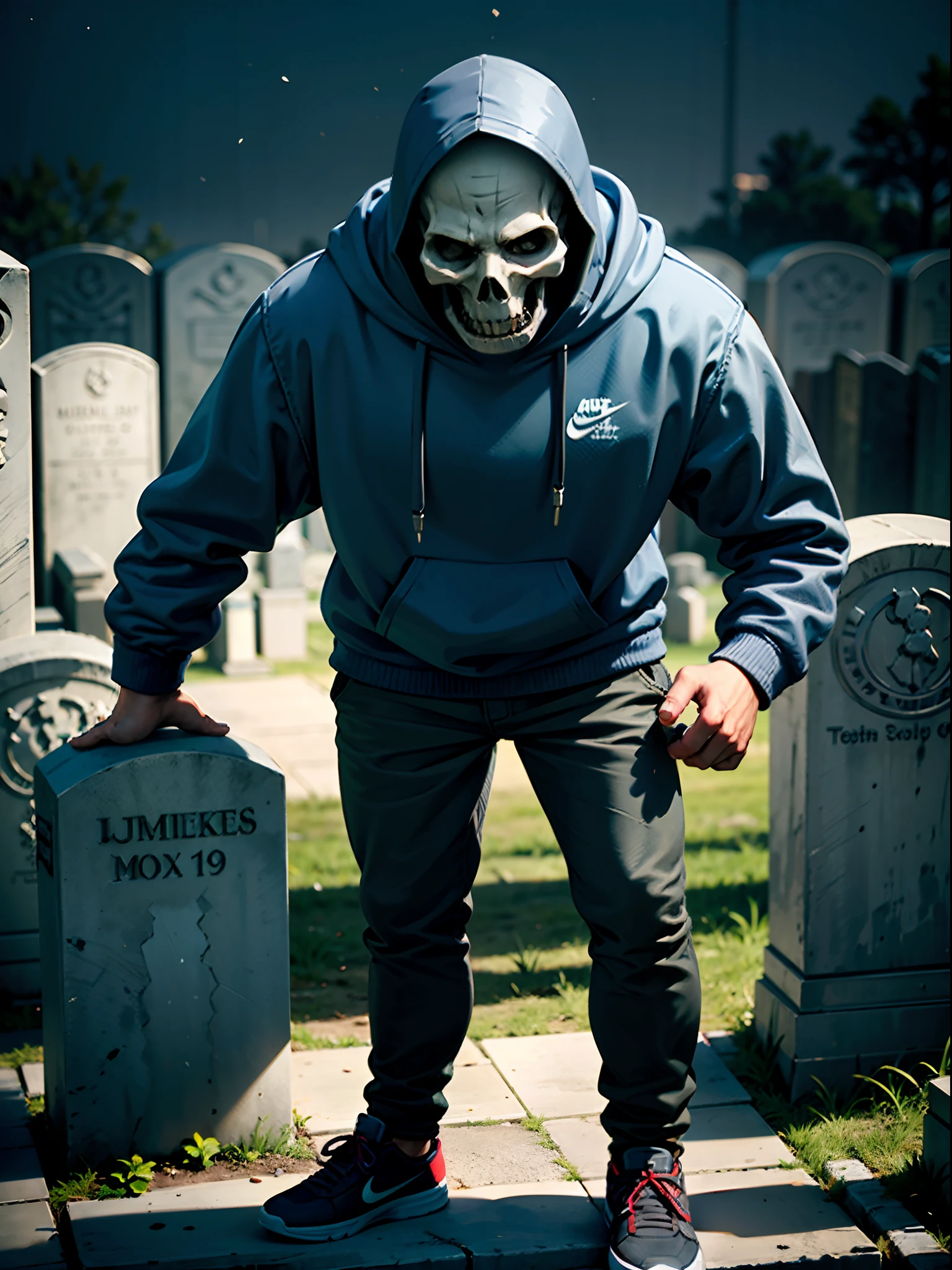 a man, with a skull face, wearing a hood, with a Nike sweatshirt, in a cemetery.