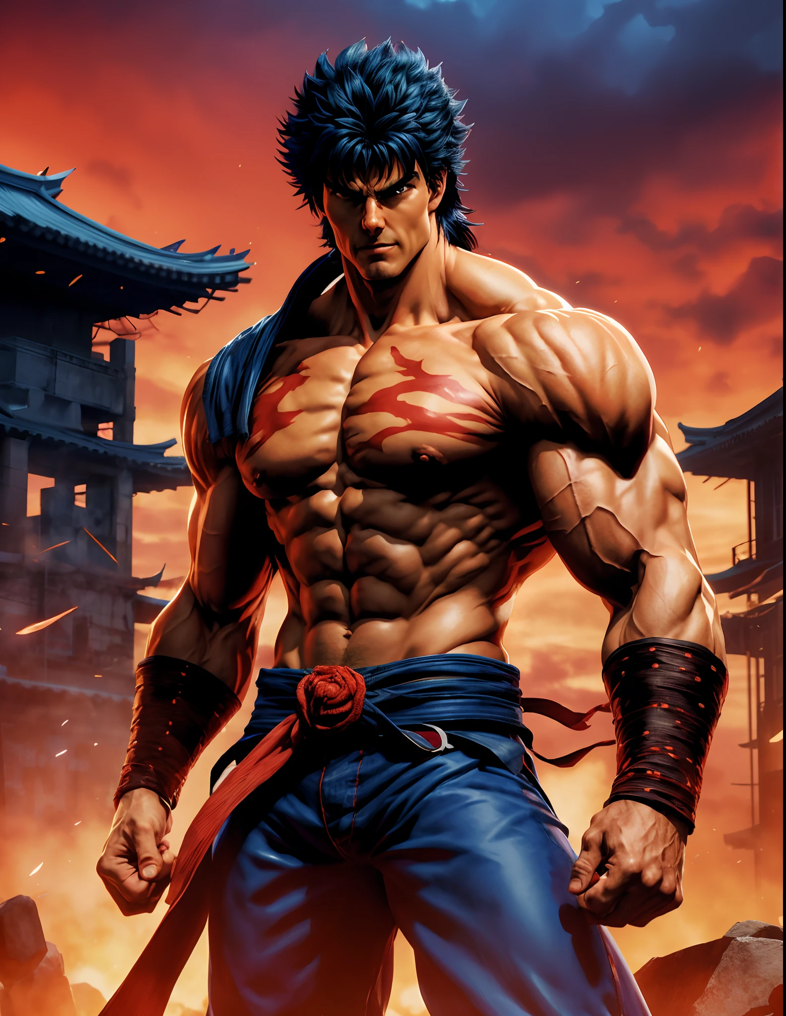 um close up de um homem com uma espada em uma cidade, Tom Cruise como Kenshiro, personagem de jogo de luta, Punho da Estrela do Norte, Baba, como personagem em tekken, estilo Baba, badass anime 8 k, Shinkiro, Ryu, Street Fighter, Baki o Grappler, Daigo Ikeno, simetria!! Retrato de Akuma