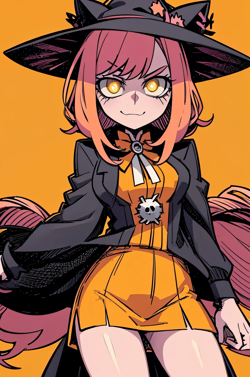 1 girl, witch costume, pink hair, cat ears, yellow eyes, tilted, solid orange background