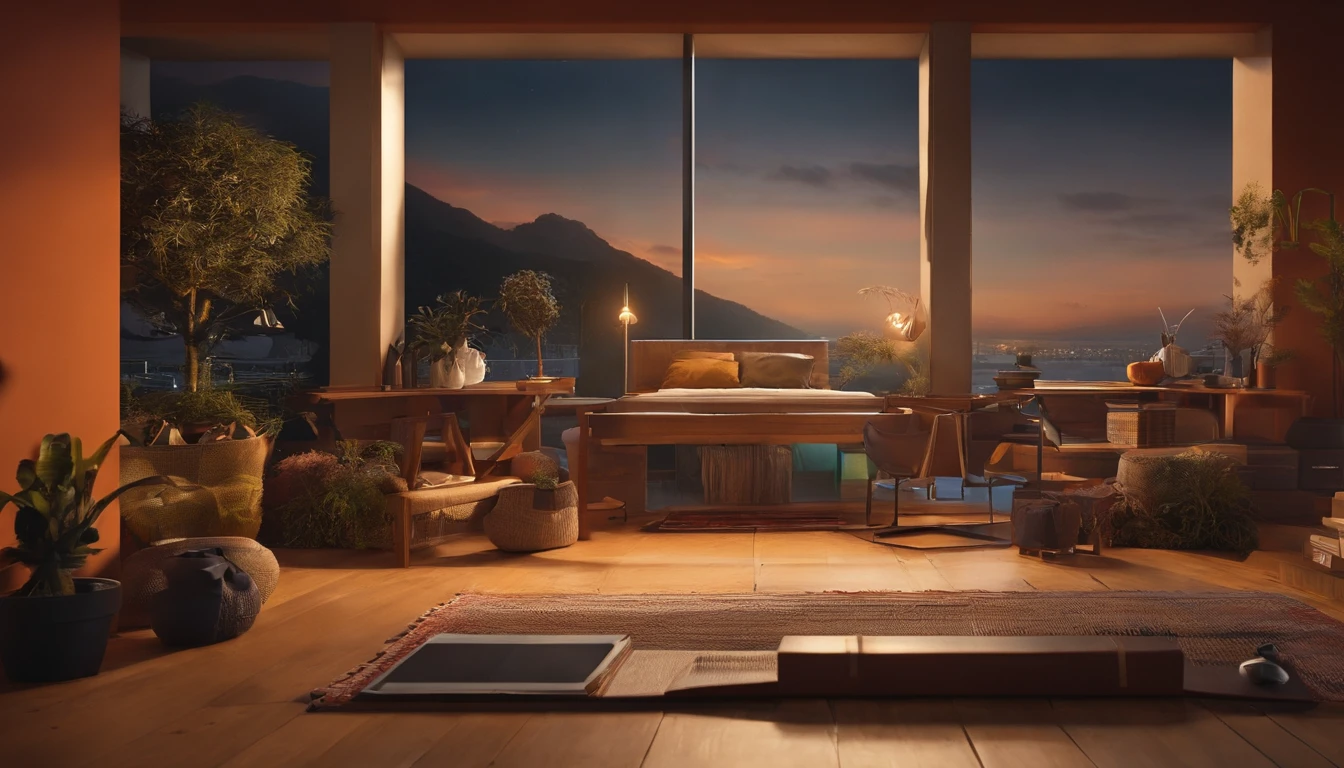 In the left corner, there is a seating area. Two comfortable sofas form an L shape around a coffee table.. A tire swing hangs from the ceiling. (Why?) A giant television, connected to multiple video games, displays what appears to be a cooking show. Stacks of DVDs are next to the screen. Apparently, there is no cable TV or streaming on the island In the right corner, a chandelier made of abalone fragments shines above a long metal dining table. Sitting alone at the head of the table is a  woman with thick gray hair braided in a braid.