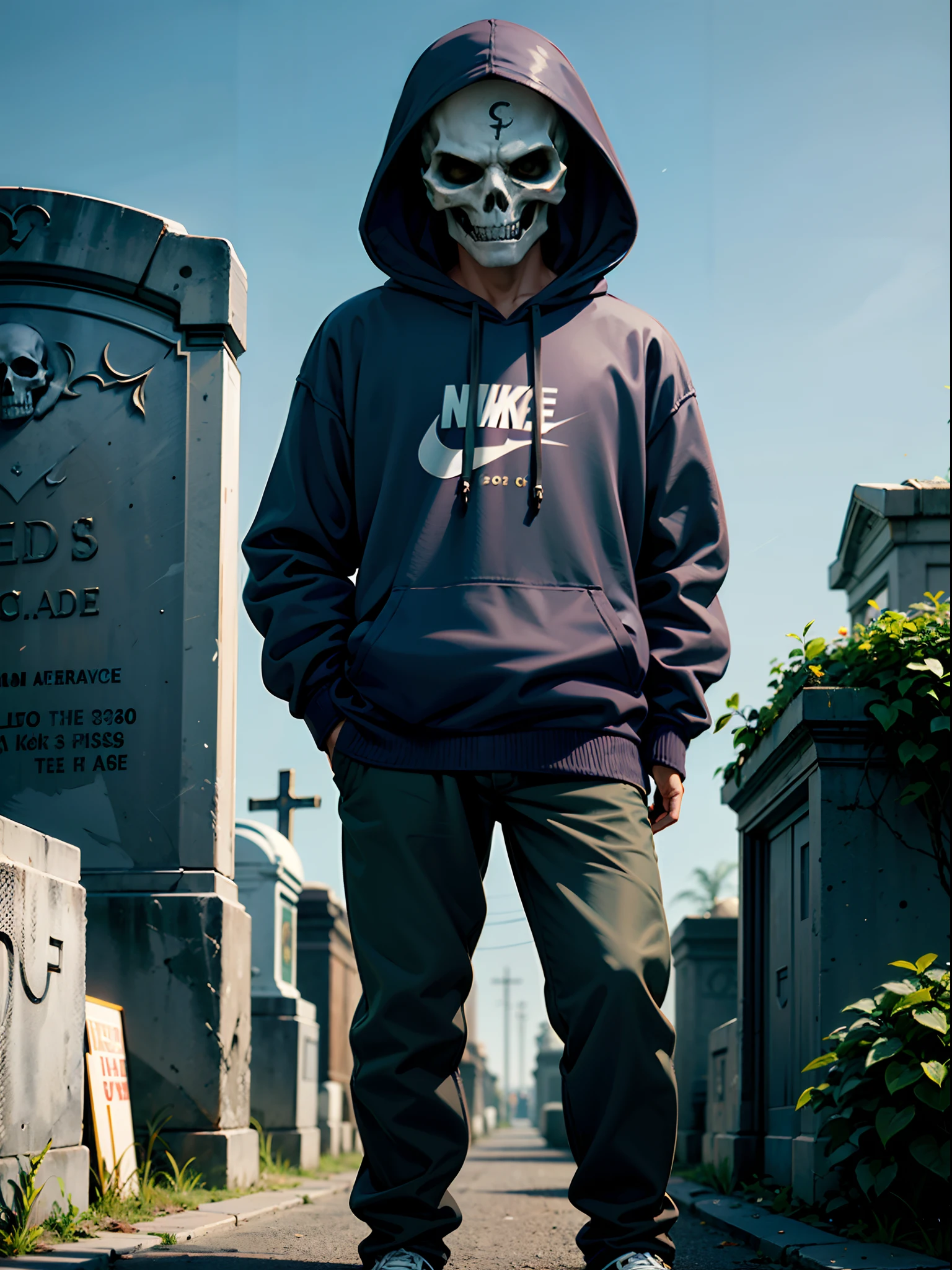 a man, with a skull face, wearing a hood, with a Nike sweatshirt, in a cemetery.