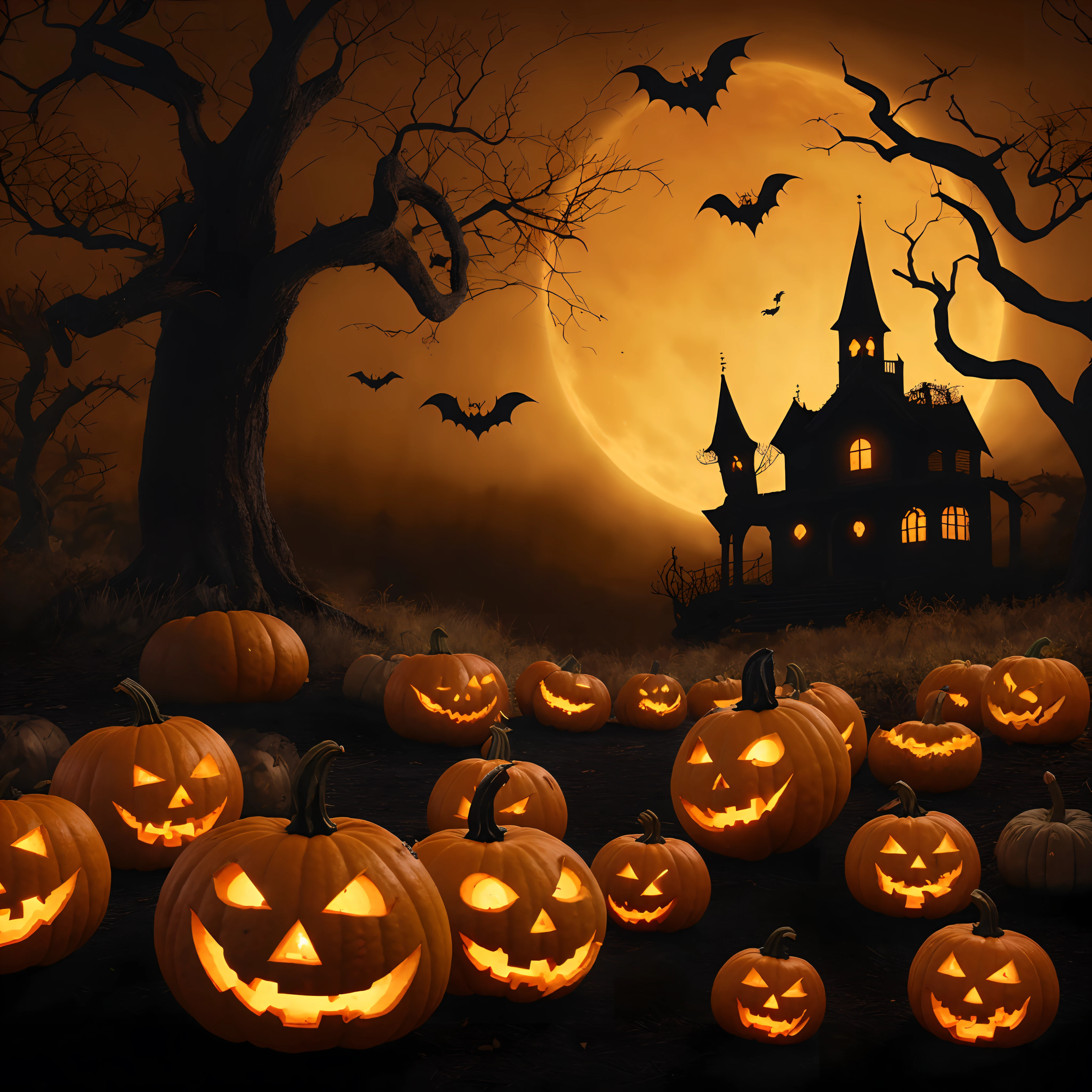 dia das bruxas, Haunted Pumpkins, With witches left in the dark, Dry Trees and a Scary Cartel, UHD, lua fazendo cara assustadora