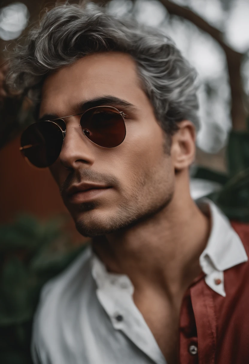 Homem com olhos vermelhos e cabelo platinado