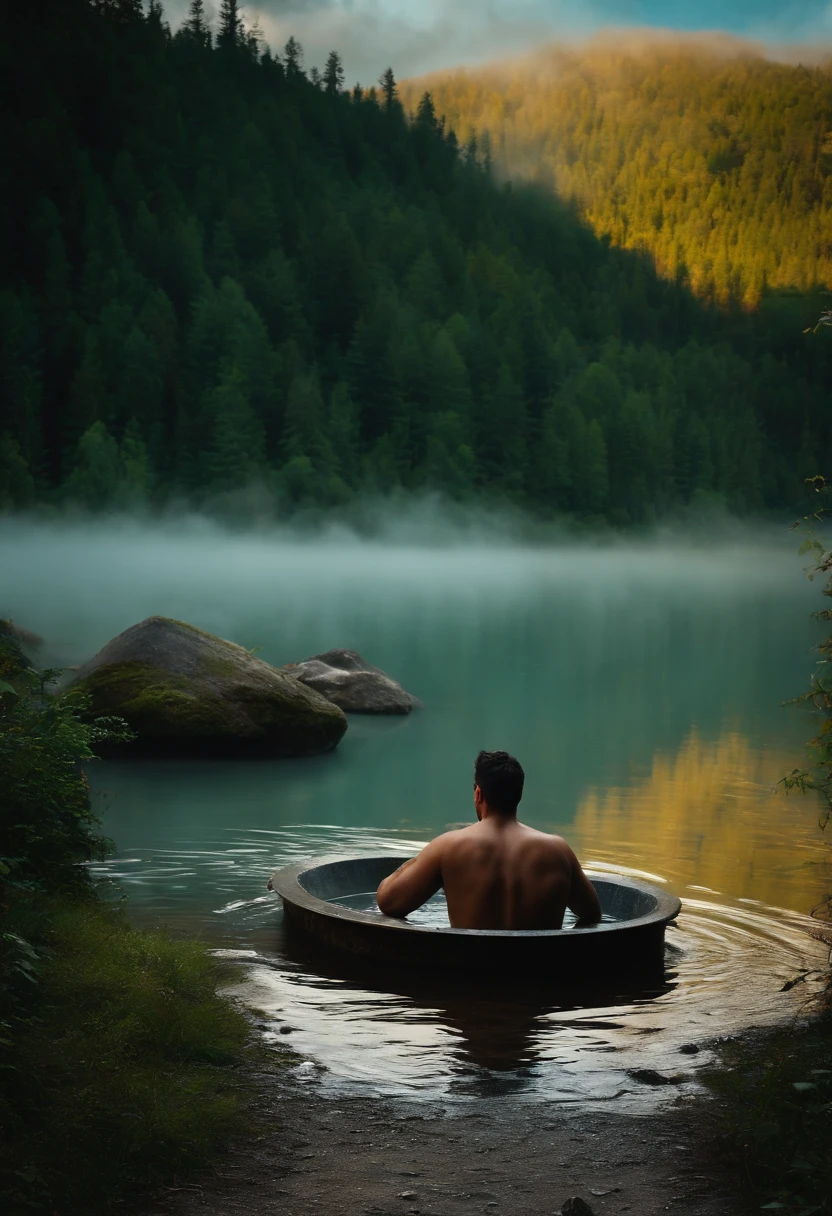 Man taking bath in cold lake