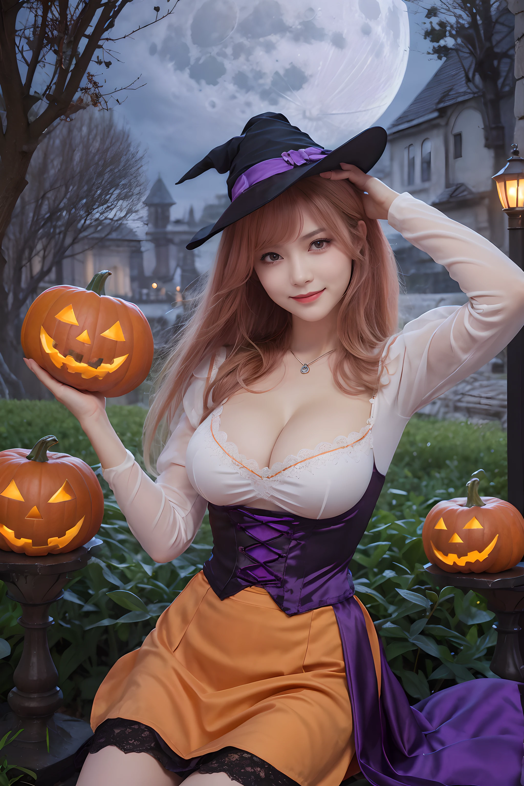 (Halloween theme:1.5), (fantasy:1.5), upper body portrait of a tall very busty beautiful women wearing halloween witch costume, skin tight full lacy ultra detailed embroidery Dirndl, (fusion of orange Dirndl and satin aodai:1.2), (purple skirt:1.3), BREAK, ((;D1.3, evil smile:1.2)), perfect face,perfect eyes,HD details,high details,sharp focus,studio photo,HD makeup,shimmery makeup,celebrity makeup,(( centered image)) (HD render)Studio portrait,magic, magical, fantasy,(huge breast)(large breast), halloween house, jack-o' challenge, pink hair, halloween background, bright pumpkin, (arms down),(arms behind),(moon light:1.3),