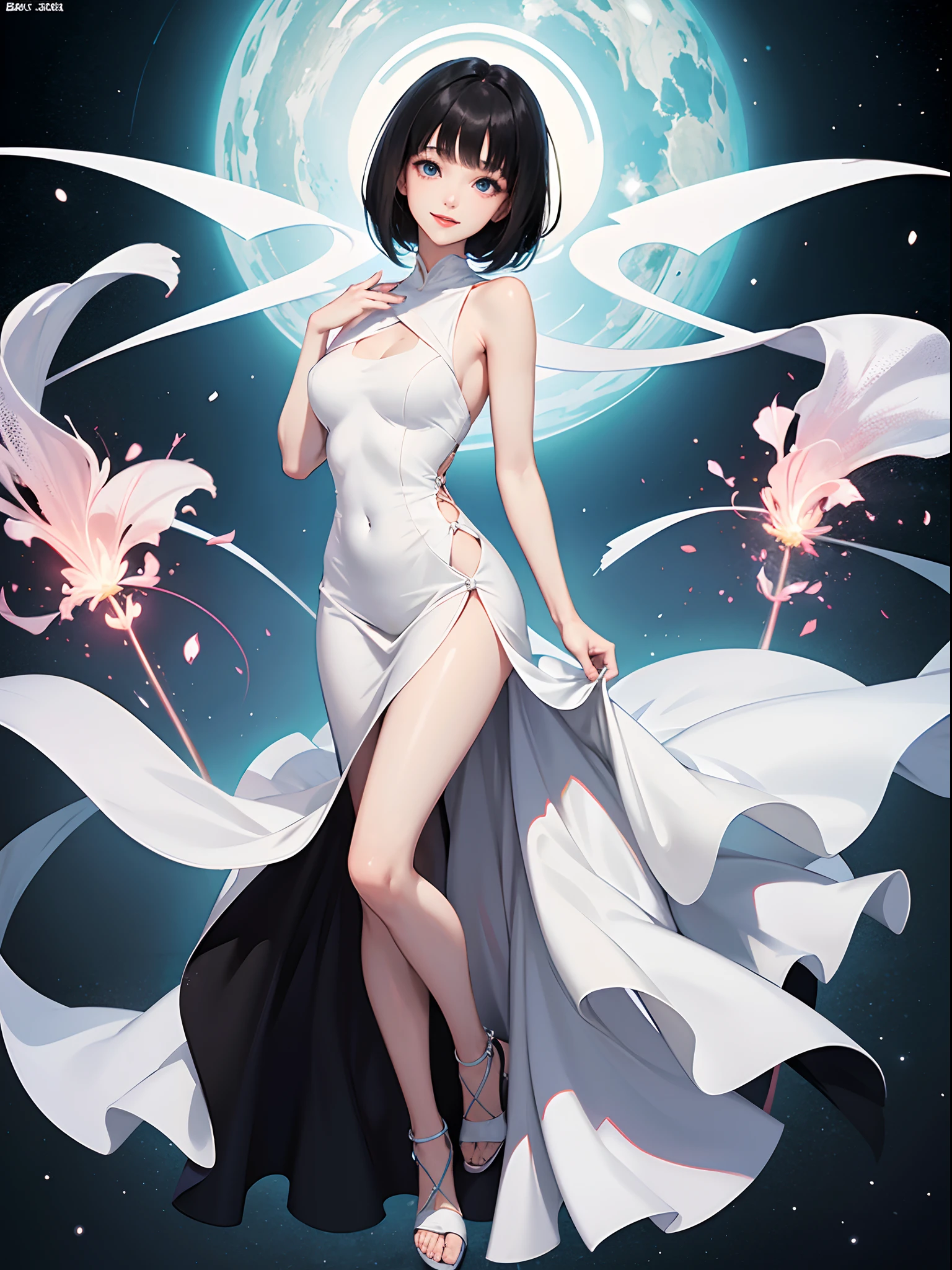 Anime style image of a beautiful woman with straight, short, black hair with bangs. blue eyes, fair skin, delicate appearance, smiling, reddish lips and wearing a simple white dress. full body