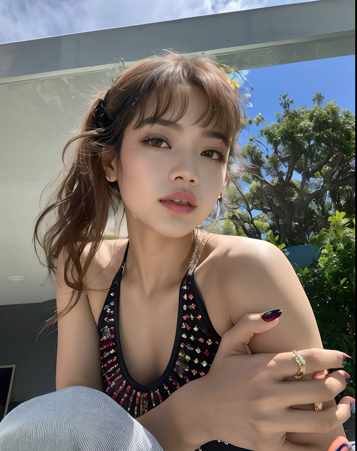 mulher araffed com um anel no dedo sentado em um banco, Lalisa Manobal, Lalisa Manoban do Blackpink, com franja, Dom Yunjoo, jossi do blackpink, com franja completa, she is wearing a black tank top, Pokimane, Mai Anh Tran, Parque Roseanne do Blackpink, Janice cantou, Isabela Moner