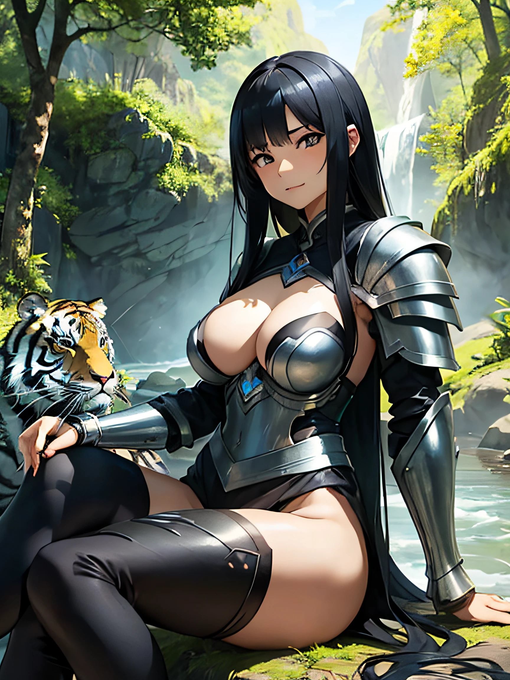 An asian girl with long black hair wearing and old armour relaxing after a long battle in the nature by a river. Her pet tiger sleeps next to hear