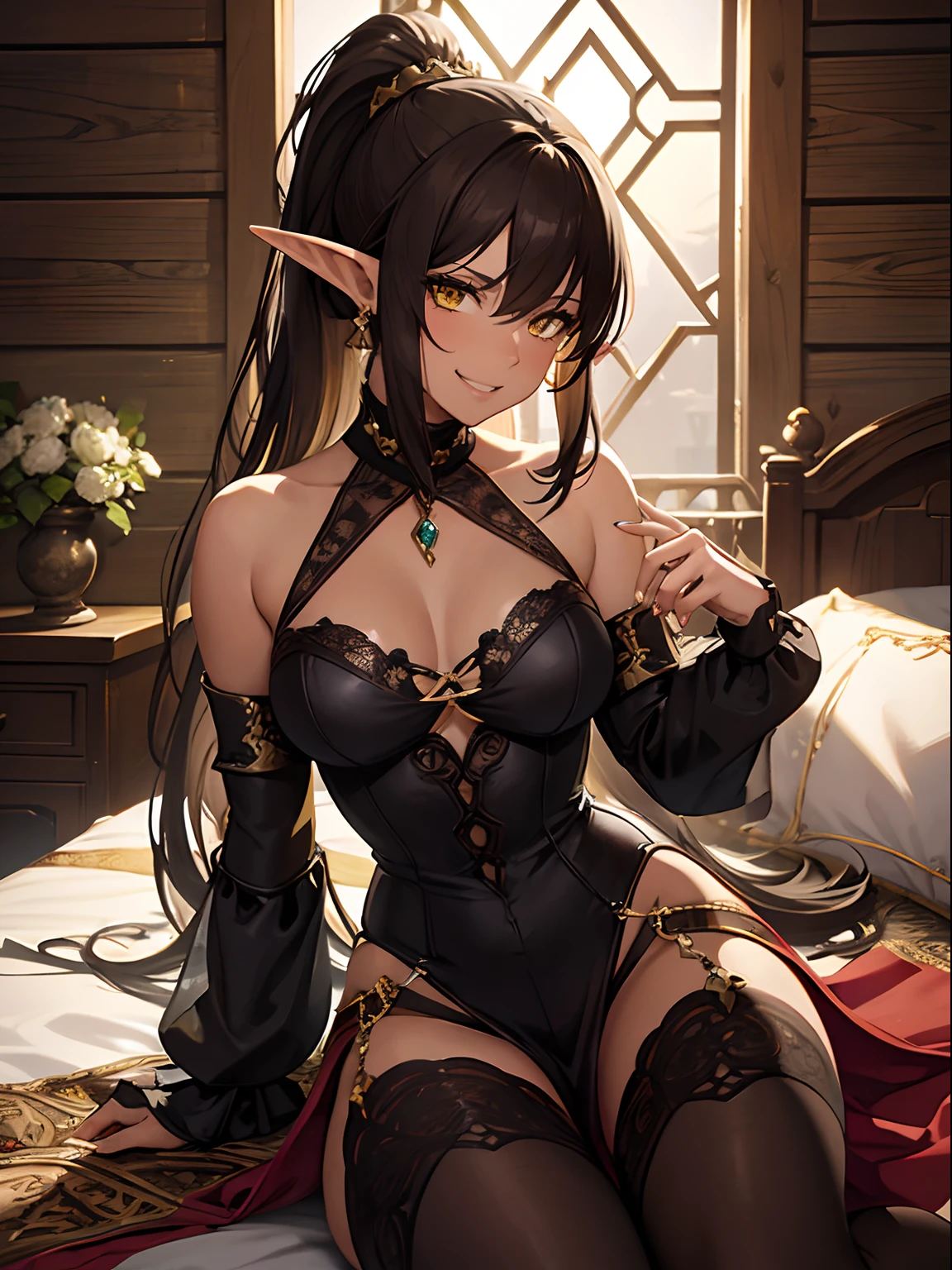 Close up, fantasy world, medieval, mansion, wooden walls, bedroom, woman, elf ears, dark tanned skin, yellow eyes, dark brown hair, ponytail, neat hair, flirtatious expression, grin, revealing black dress, sexy clothes, lingerie, raised eyebrow