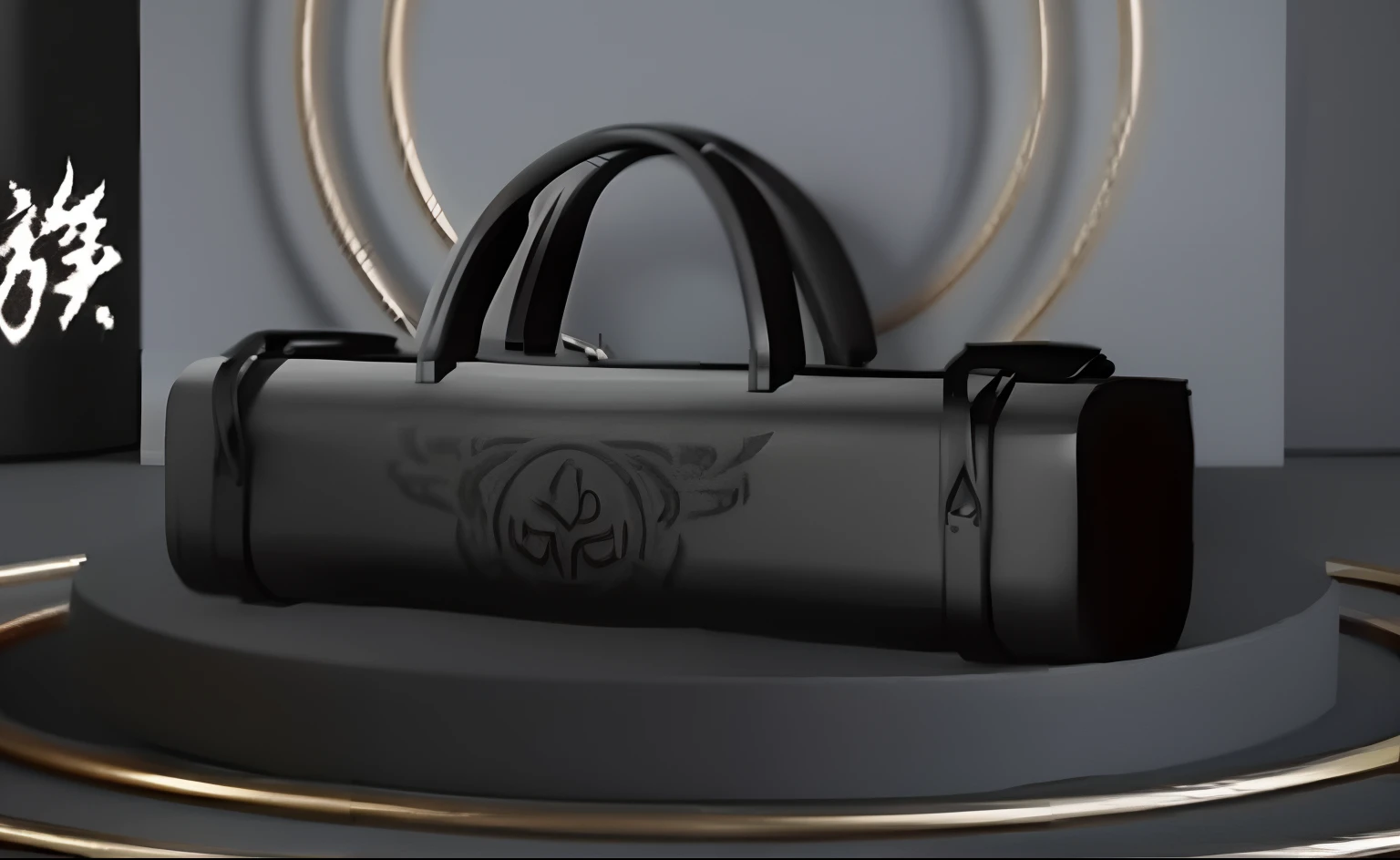 On the round table lay a black bag, rpg item, marmoset toolbag rendered, rpg item render, A scene from the《Intrepid Covenant》Omen, black draconic - leather, marmoset toolbag, briefcase, 手拿手提包, designed in blender, all black matte product, marmoset toolbag rendered, mega highly detailed, engraved vector, Double-barreled shotgun