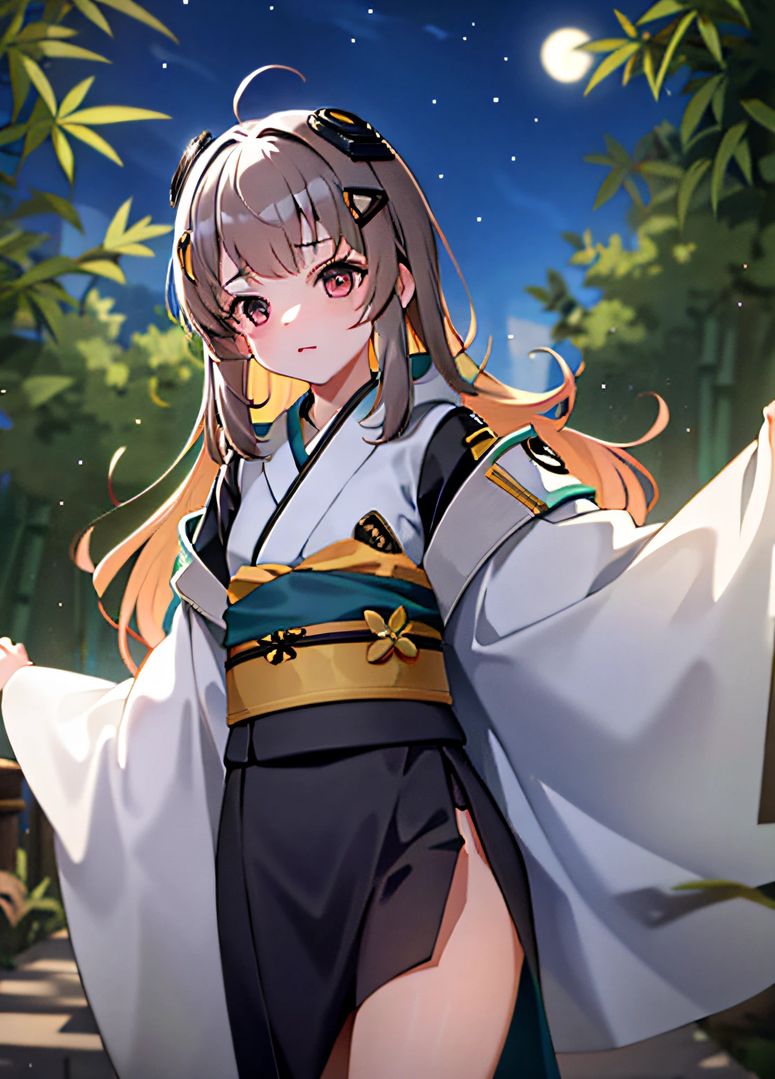 1girl, Long brown hair, Brown eyes, bangs pinned back, forehead, very long sleeves, Petite, open kimono, You can see the panties, in full height, Photos from a long distance, smug, exteriors, night  sky, luna, In the bamboo forest