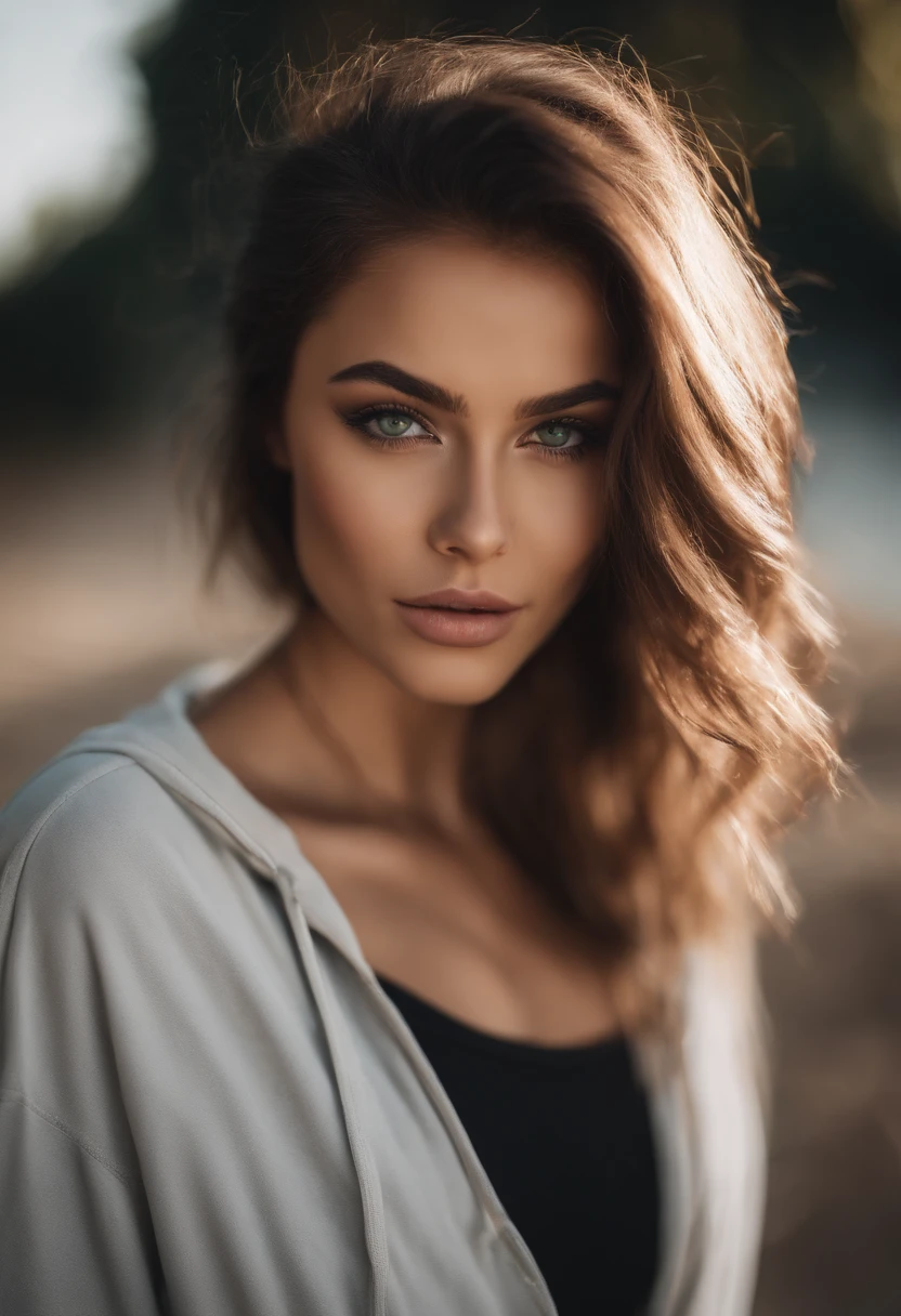 Femme Arafed en T-shirt blanc et collier, fille sexy aux yeux verts, Portrait Sophie Mudd, cheveux bruns et grands yeux, selfie of a young woman, Yeux de chambre, Violet Myers, pas de maquillage, maquillage naturel, looking straight at camera, Visage avec Artgram, maquillage fin, Superbe plan complet, piercing green eyes, Bel angle, pose attrayante, douce fille, sexy pose, Image pleine longueur, complet - corps, Prise de vue du corps entier, brunette goddess, High detail, Posture satisfaite, Pantalon en cuir, plage