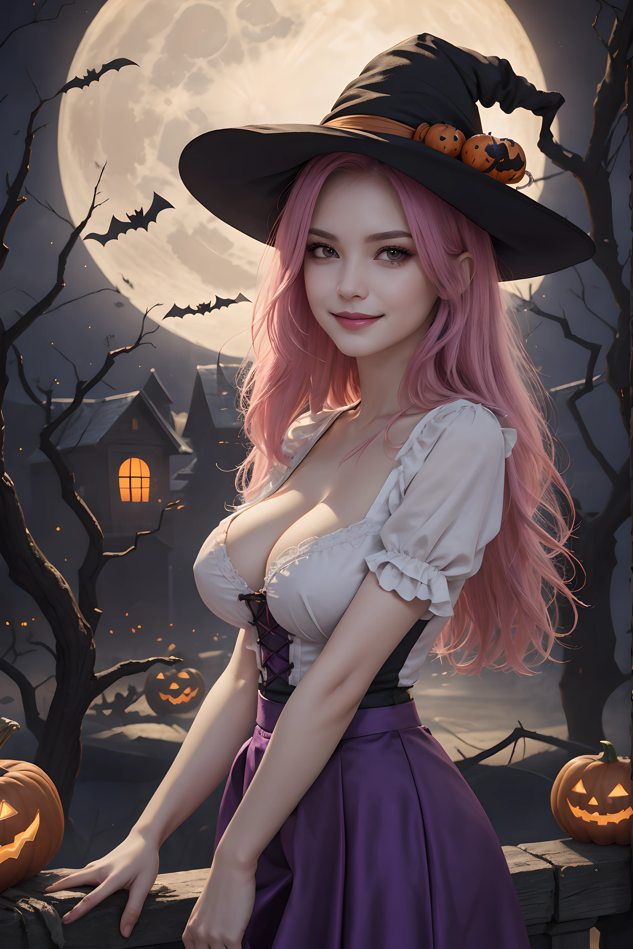 (Halloween theme:1.5), (fantasy:1.5), upper body portrait of a tall very busty beautiful women wearing halloween witch costume, skin tight full lacy ultra detailed embroidery Dirndl, (fusion of orange Dirndl and satin aodai:1.2), (purple skirt:1.3), BREAK, ((;D1.3, evil smile:1.2)), perfect face,perfect eyes,HD details,high details,sharp focus,studio photo,HD makeup,shimmery makeup,celebrity makeup,(( centered image)) (HD render)Studio portrait,magic, magical, fantasy,(huge breast)(large breast), halloween house, jack-o' challenge, pink hair, halloween background, bright pumpkin, (arms down),(arms behind),(moon light:1.3),