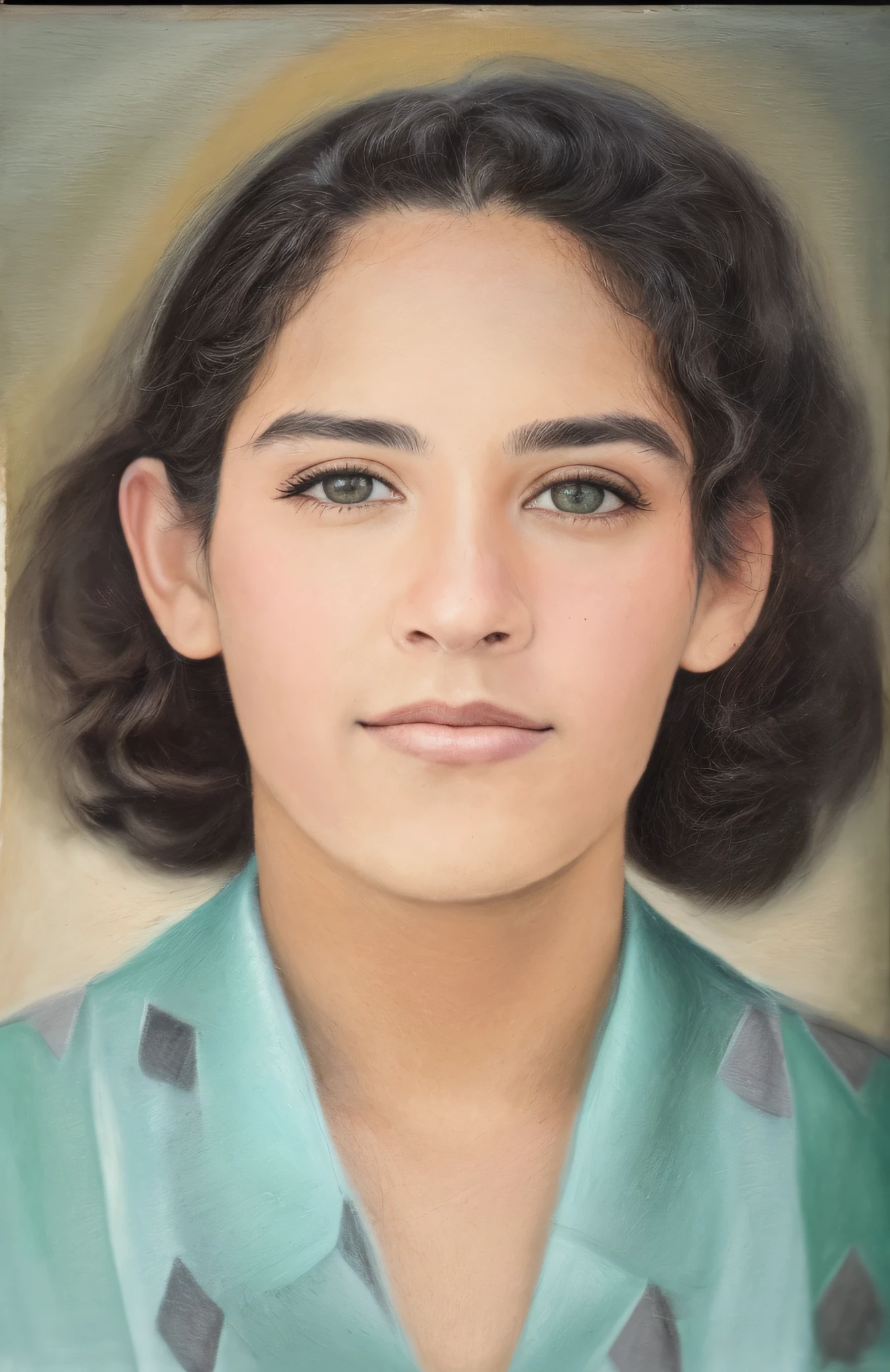 Retrato de una mujer joven con una camisa verde, Una foto coloreada, Retrato detallado en color, Retrato en color, Colored pencil sketch, Foto coloreada, fondo coloreado, Arte digital de retrato, coloreado, Arte tradicional, Retrato de arte digital, Arte digital!!, Arte digital. @Mariomaniacdude, Foto de retrato realista, colorized photograph, Foto coloreada galardonada