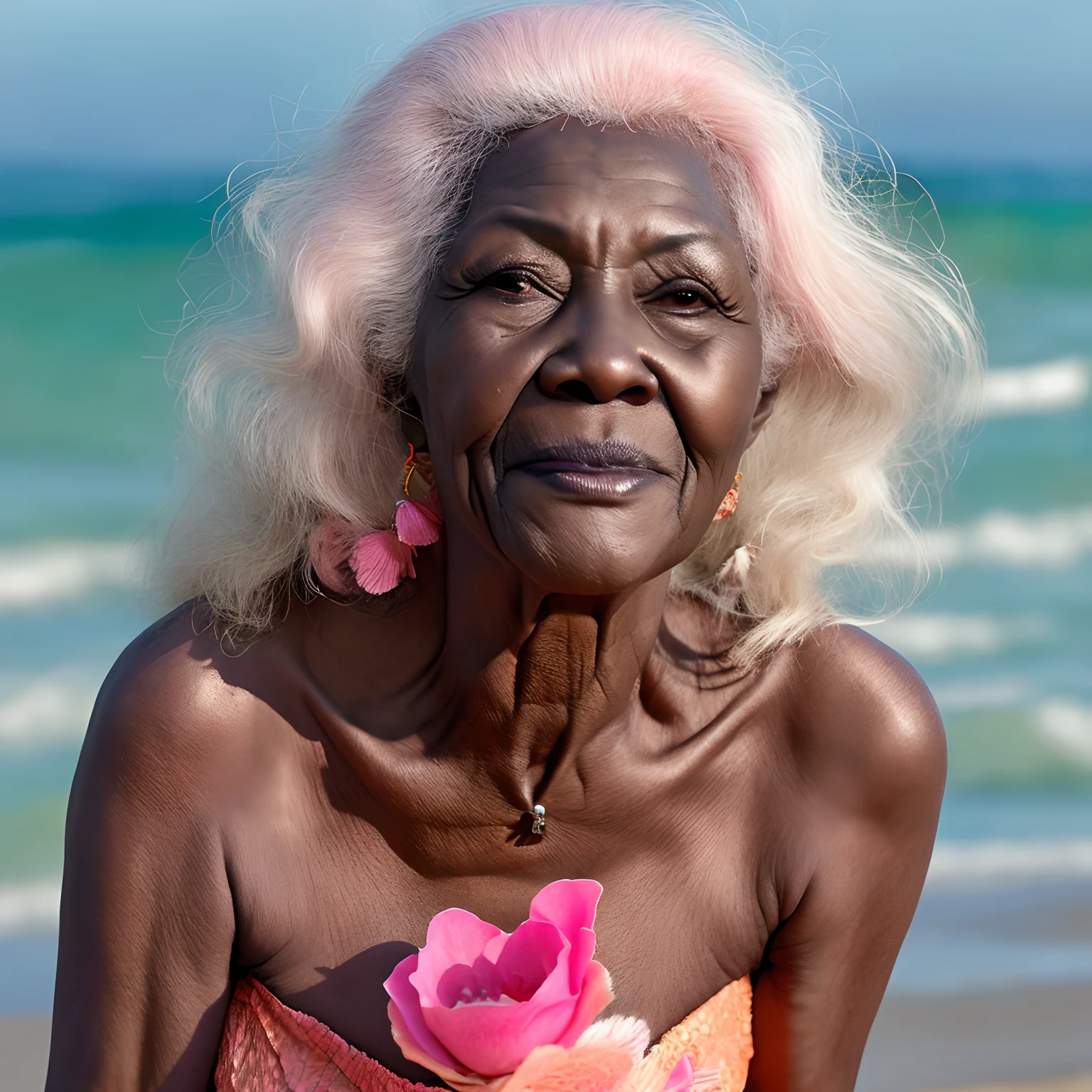 elderly woman, Old, mermaid, pink and orange white mermaid tail, pink flowers, orange flowers, 4k, sensual, attractive woman, old woman with wrinkles, candles, sunset, ocean, sea, beach, moon, sensual , Shells, shells on breasts, bra made of golden shells, Pink Crystals, sensual looks, looking at the ocean, power, beautiful, Beautiful old woman, dark skin, black skin, Beautiful black woman, Beautiful old black lady, Big lips, Big boobs, long hair, blonde, long blonde hair
