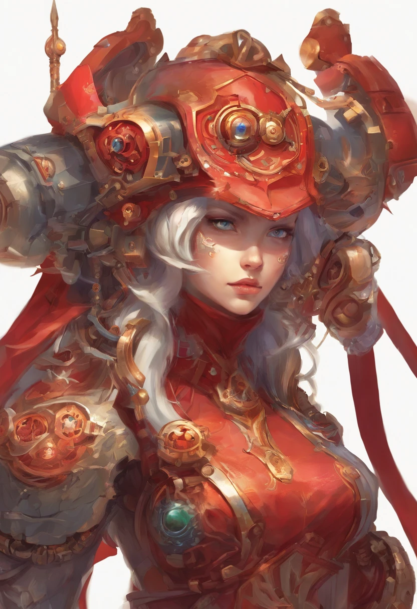 The picture shows a (cute) Adeptus Mechanicus girl. Her gaze is penetrating, and her face is hidden under a mask with monitors and LEDs. Graceful mechanical limbs complete her elegant appearance, and her outfit emphasizes her strength and uniqueness in the world of technology, big head, cute girl, red cloak , laughing, (((chibi)), ful body, full legth,