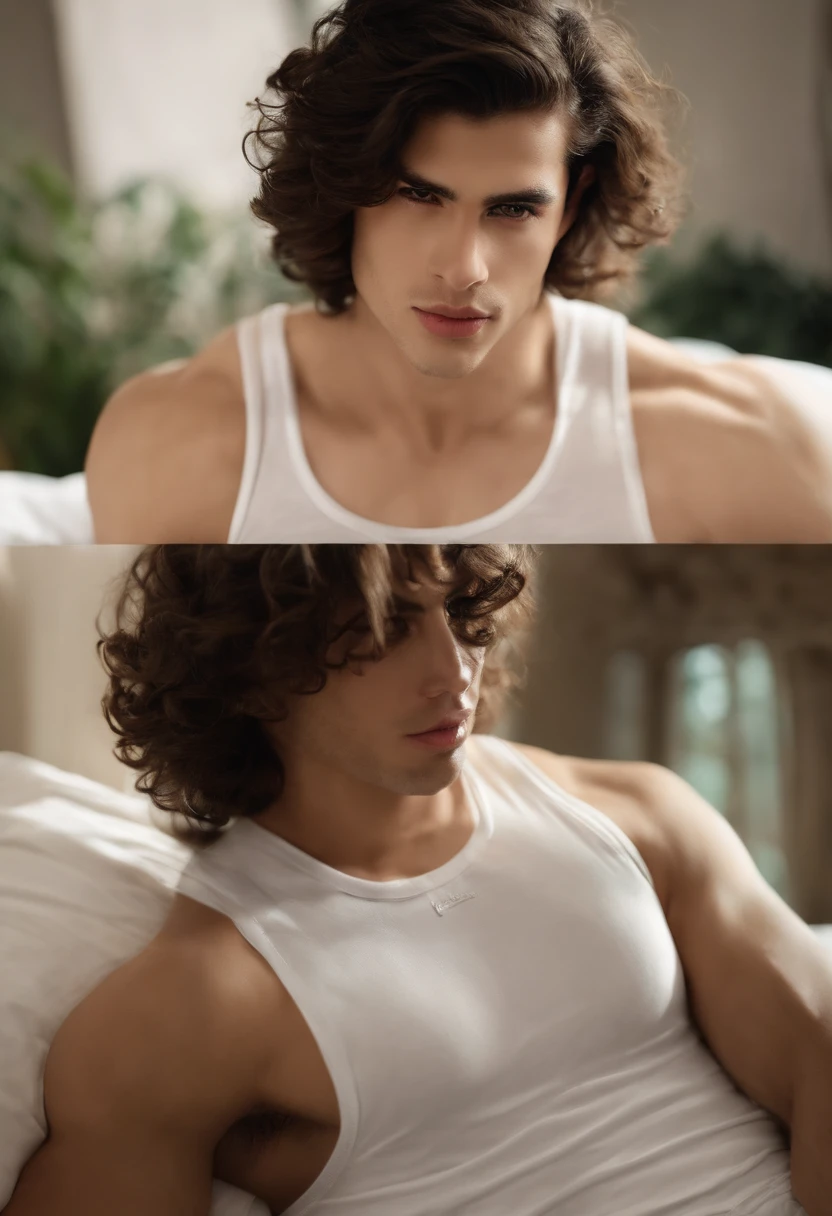 tiro de corpo inteiro, Low angle shot, Retrato de um cara bonito, , not shirt, mais nu, sem barba, with wavy messy black hair, olhos azuis super claros, thick lips, Defined muscles, encaixar, corpo rasgado, tiro de corpo inteiro, ultra mais alto rosto detalhado, Darmatic Illumination, luz fraca, cuecas curtas apertadas de boxer, tight underwear, cuecas, Apertado, deitou-se de costas na cama, pernas abertas, branco,