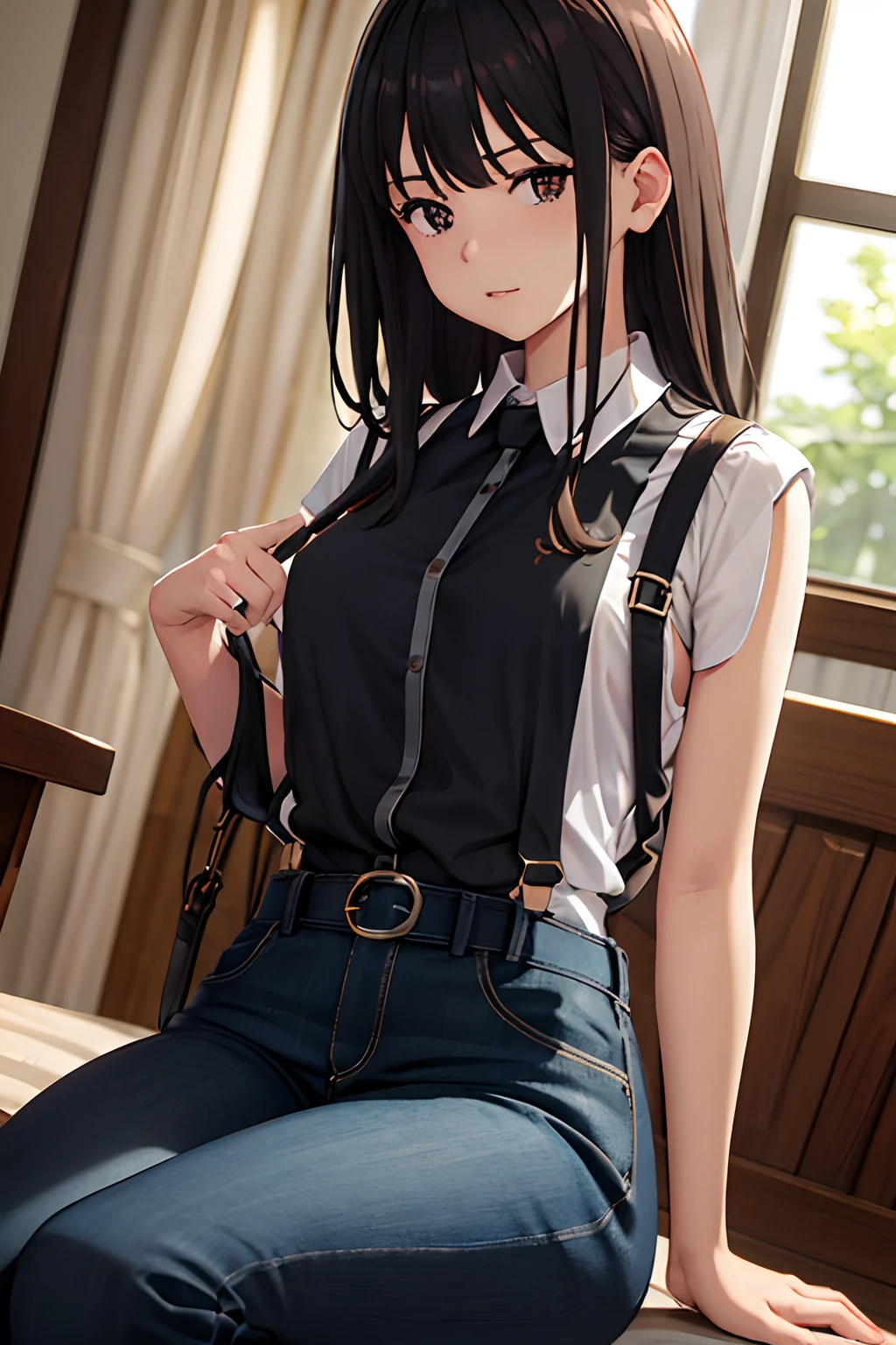 masterpiece、top-quality、The ultra -The high-definition、、colourfull、flat-colors、depth of fields、lens flare 1 girl、、A dark-haired、watching at viewers Black Cutter Shirt a belt Black suspenders Social OL ample bosom JINS jeans Face sitting
Waiting to start Armpit sweat perspiring Side of both hands ample bosom