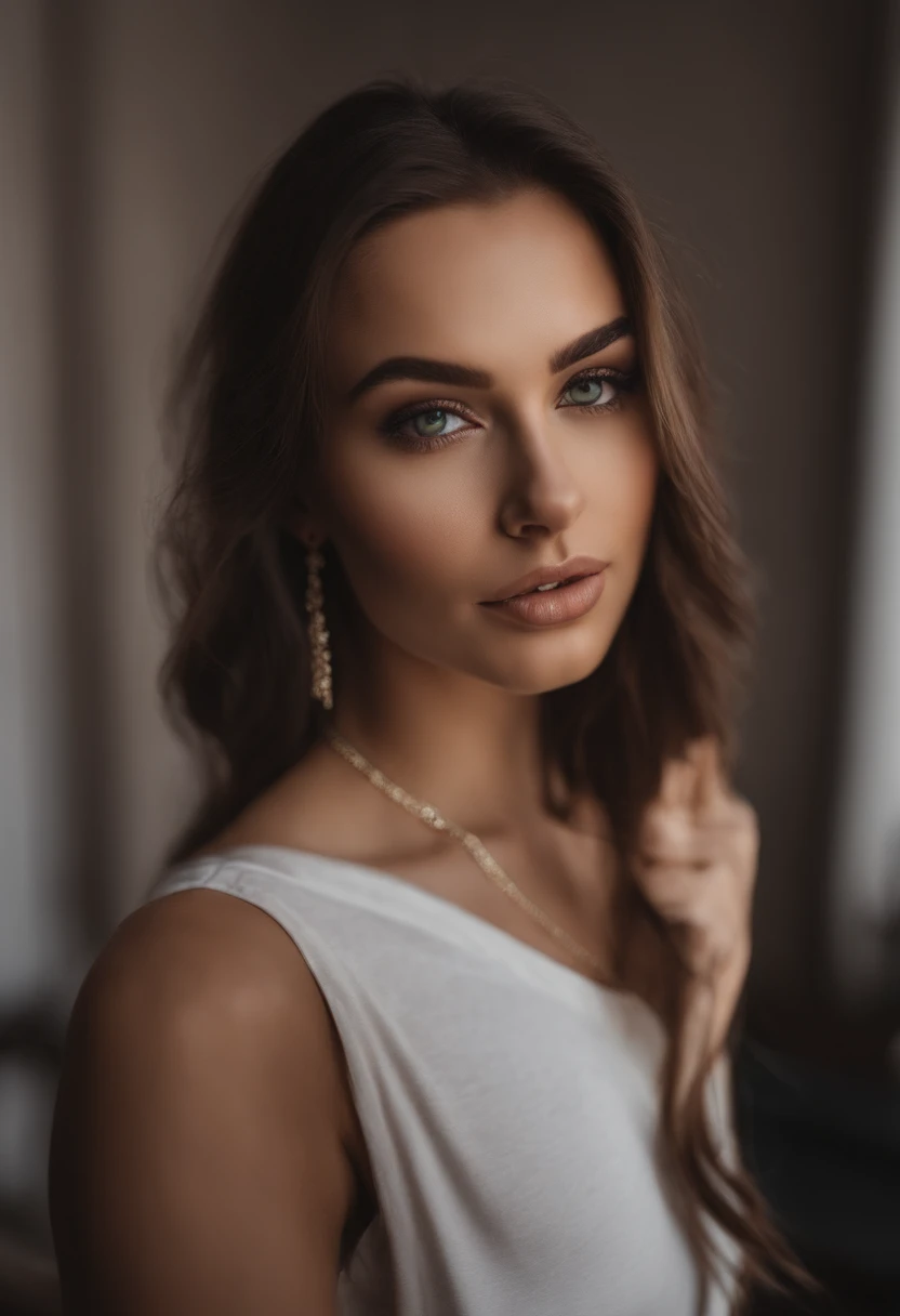 Arafed woman with a white tank top and necklace, fille sexy aux yeux verts, Portrait Sophie Mudd, cheveux bruns et grands yeux, Selfie d' une jeune femme, Yeux de chambre, Violet Myers, sans maquillage, maquillage naturel, looking straight at camera, Visage avec Artgram, Maquillage subtil, Superbe photo du corps entier, piercing green eyes, Bel angle, pose attrayante, fille mignonne, sexy pose, corps entier, Prise de vue du corps entier, brunette goddess, High detail, pose satisfaite, Pantalon en cuir,