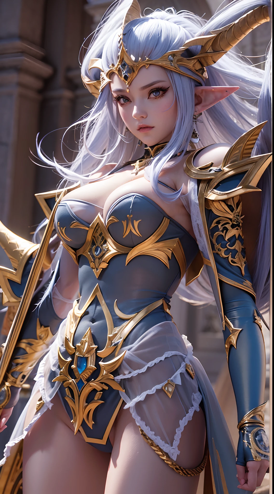 Close-up de uma garota com uma espada, personagem de fantasia ultra-detalhado, intrincado lindo estilo CGI anime, female demon suitable for white horns, fantasia de detalhe 4K, Iconic character of high detail, handsome biomechanical elf, personagem de fantasia complexa, High detail and very sharp and intricate art. octan render, 3D rendering 8K character art, mostrar corpo todo, deserto, ruins