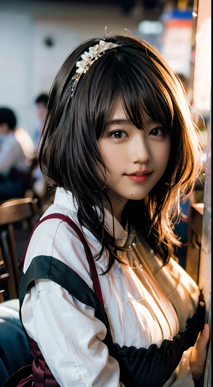 (8K, Raw photography, top-quality, masterpiece: 1.2), masterpiece, Super Detail, 超A high resolution, (Realistic and realistic photos: 1.37), high-definition RAW color photography, extremely delicate and beautiful, ighly detailed, 8K Wallpaper, astonishing, detaileds, extremely detailed eye, highlydetailed skin, extremely detailed fingers, highly detailed nose, highly detail mouth, perfect anatomia,1girl in, Apron, Black Dress, Blurry, Blurry background, Blurred foreground, blush, braid, breasts, depth of fields, Dress, eyebrows visible through hair, frilld, gloves, hair between eye, Indoors, Jewelry, juliet sleeves, Long sleeves, Looking at Viewer, maid, maid apronl, Maid headdress, Puffy sleeves, Short hair, Sitting, Solo, White Apron, window, Huge boobs、乃木坂アイドル、韓国アイドル、hposing Gravure Idol、女優、25-years old、tall、cafes、resturant、Italy、Americans、Australia、A smile