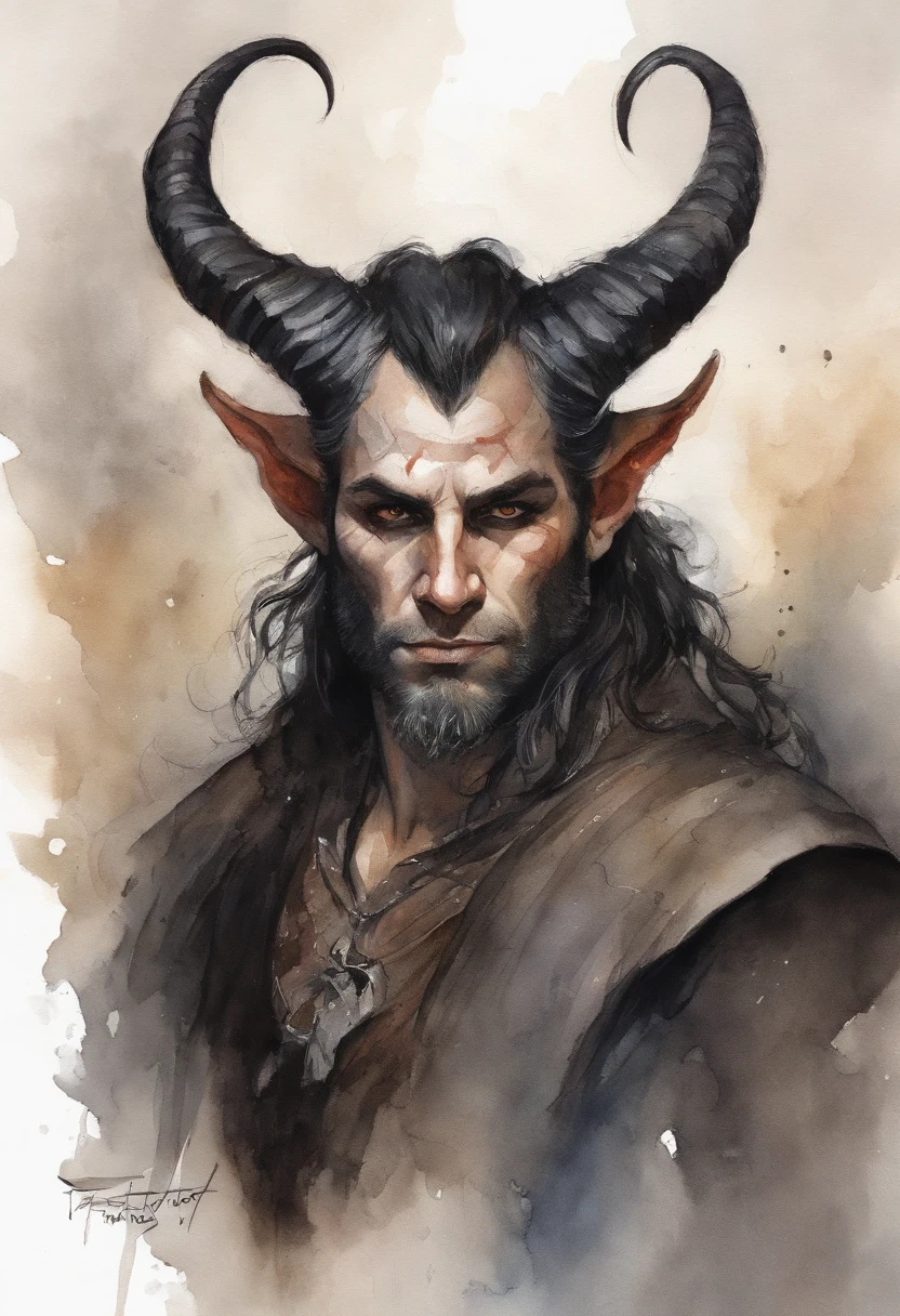 Male tiefling, ash gray skin, black eyes, black hair, tall, horns and tail, long scratch over right side of face and eye, big beard, portrait, sharp focus, demonic features, bulky