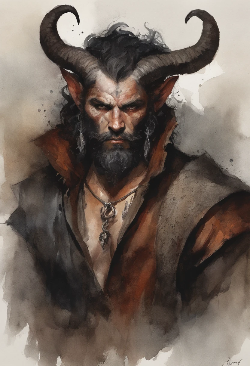 Male tiefling, ash gray skin, black eyes, black hair, tall, horns and tail, long scratch over right side of face and eye, big beard, portrait, sharp focus, demonic features, bulky