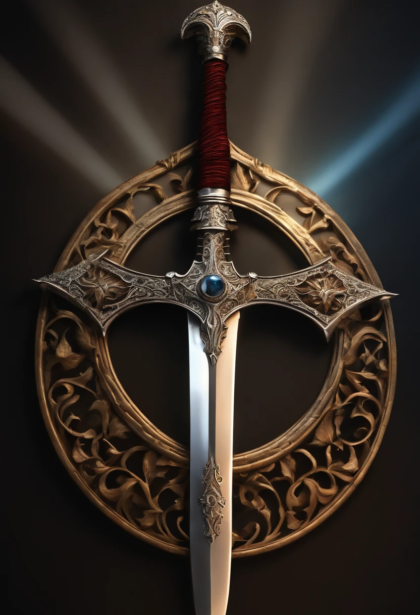 Sword with sun and crescent moon in medieval Gothic style