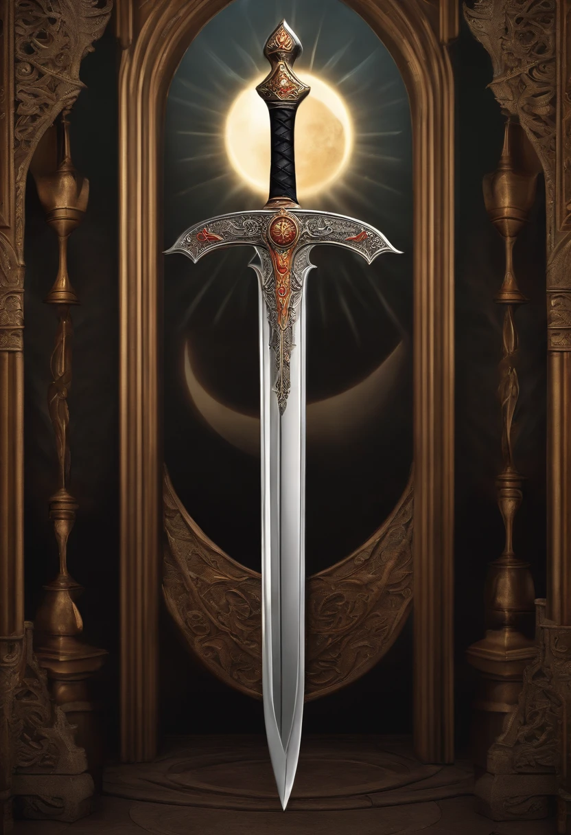 Sword with sun and crescent moon in medieval Gothic style