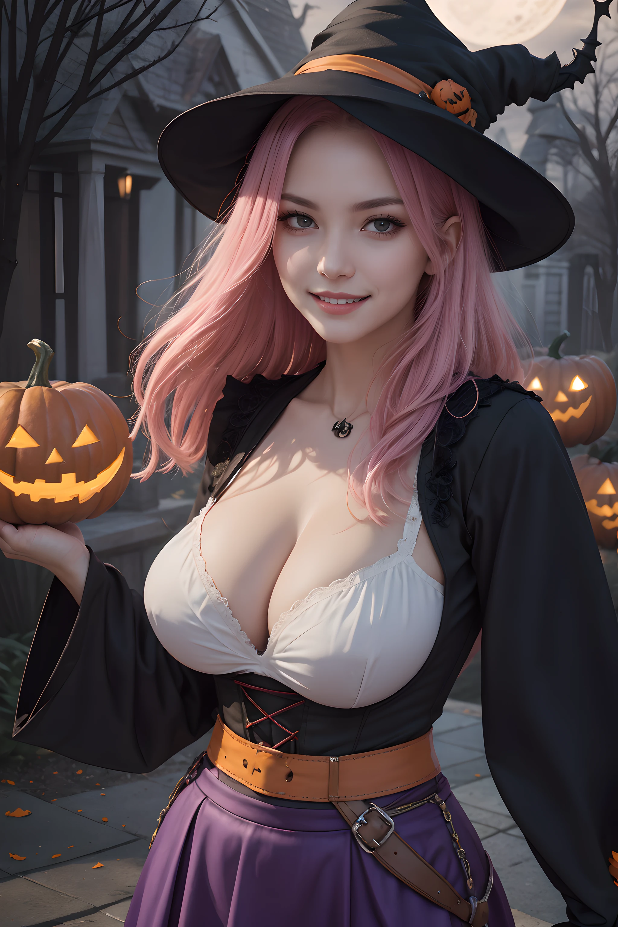 (Halloween theme:1.5), (fantasy:1.5), upper body portrait of a tall very busty beautiful women wearing halloween witch costume, skin tight full lacy ultra detailed embroidery Dirndl, (fusion of orange Dirndl and satin aodai:1.2), (purple skirt:1.3), BREAK, ((;D1.3, evil smile:1.2)), perfect face,perfect eyes,HD details,high details,sharp focus,studio photo,HD makeup,shimmery makeup,celebrity makeup,(( centered image)) (HD render)Studio portrait,magic, magical, fantasy,(huge breast)(large breast), halloween house, jack-o' challenge, pink hair, halloween background, bright pumpkin, (arms down),(arms behind),(moon light:1.3),