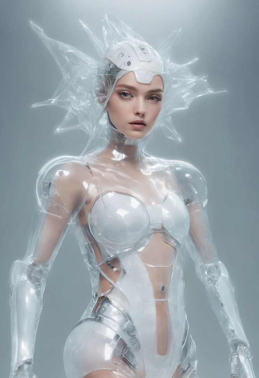 The portrait of an sexual android with the appearance of a beautiful young woman, anatomically correct, which has a semitransparent body, which allows you to see parts of its circuits, mechanical and organic parts and with the style of illustrator Lee Evans.