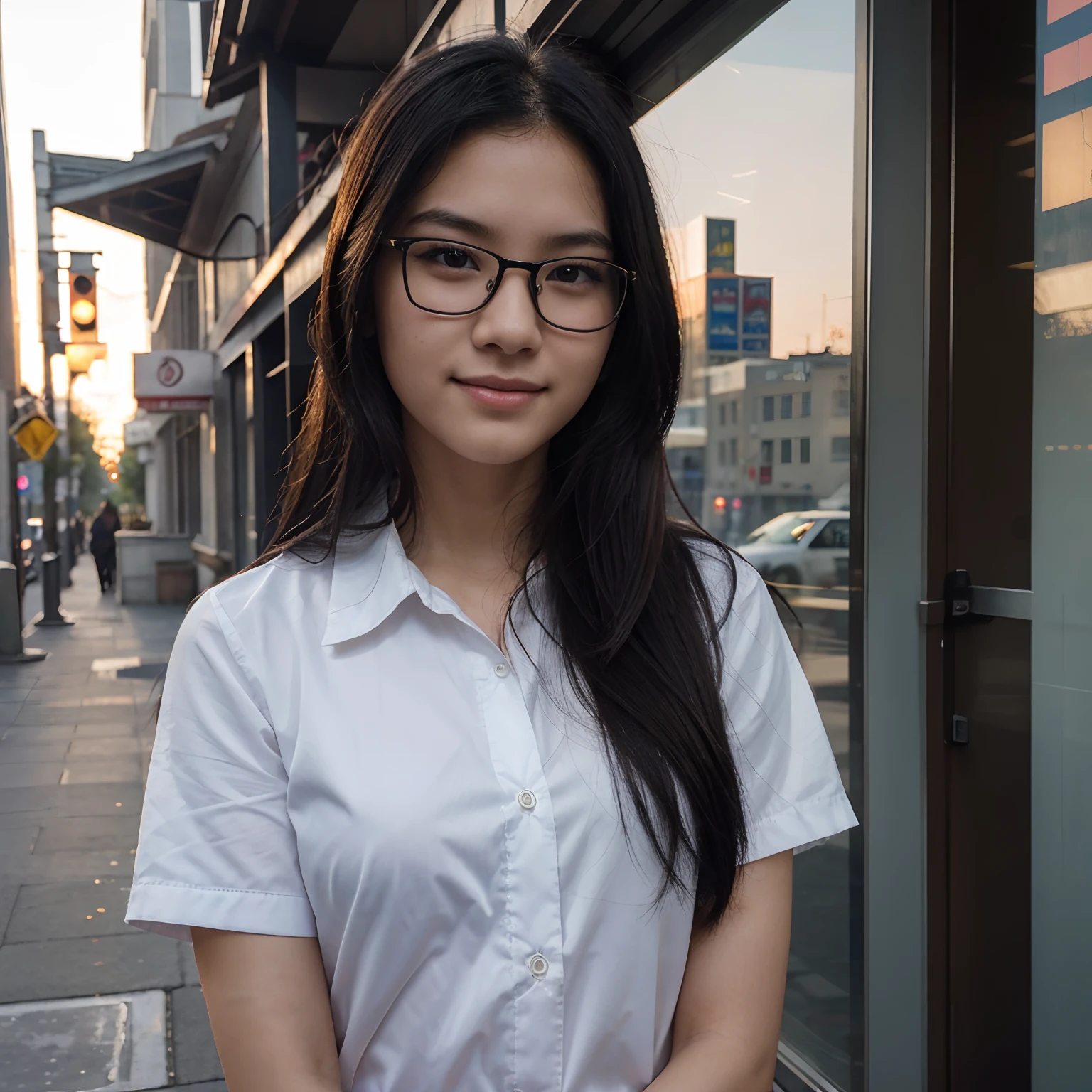 Very young female, half chinese, small slit-eyed, glasses, black hair, flawless white skin, long hair, photorealistic, best quality, hyper detailed, , beautiful woman, selfie photo, upper body, solo, wearing uniform, smiling at city, sunset photo, without makeup, school, looking at viewer, skin texture, film grain, close up, ultra high res, best shadow, RAW, instagram LUT