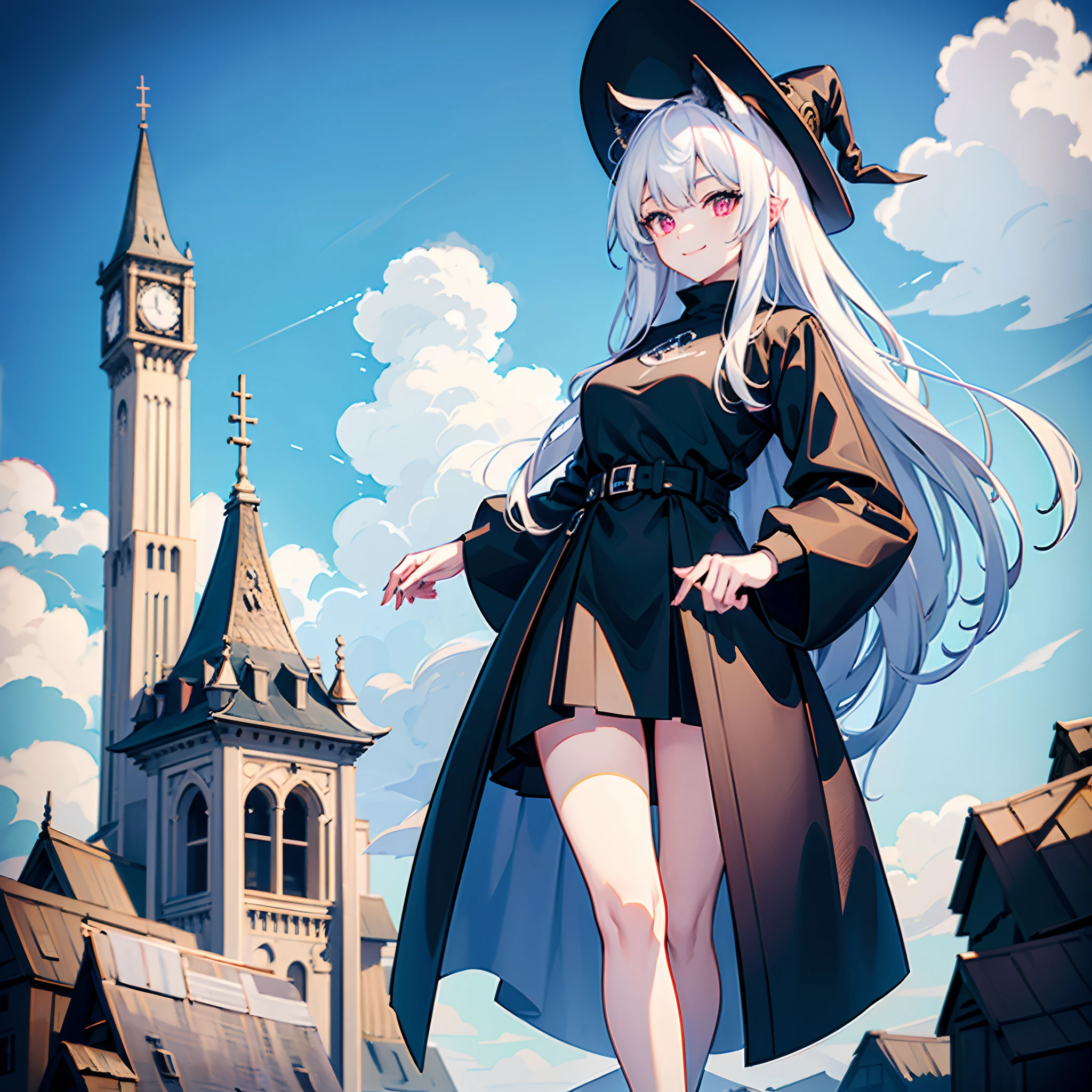 A mysterious Western-style otherworldly town、Standing Girl、Black coat、white t-shirt、a black skirt、beautiful thigh、Beautiful calves、Rob hair with white hair color with blue-violet mesh、Looking at me with a smile、Black sneakers with white shoelaces、Large witch hat with sapphire accessories、Red eyes with highlights、On a hilltop with a panoramic view of the town