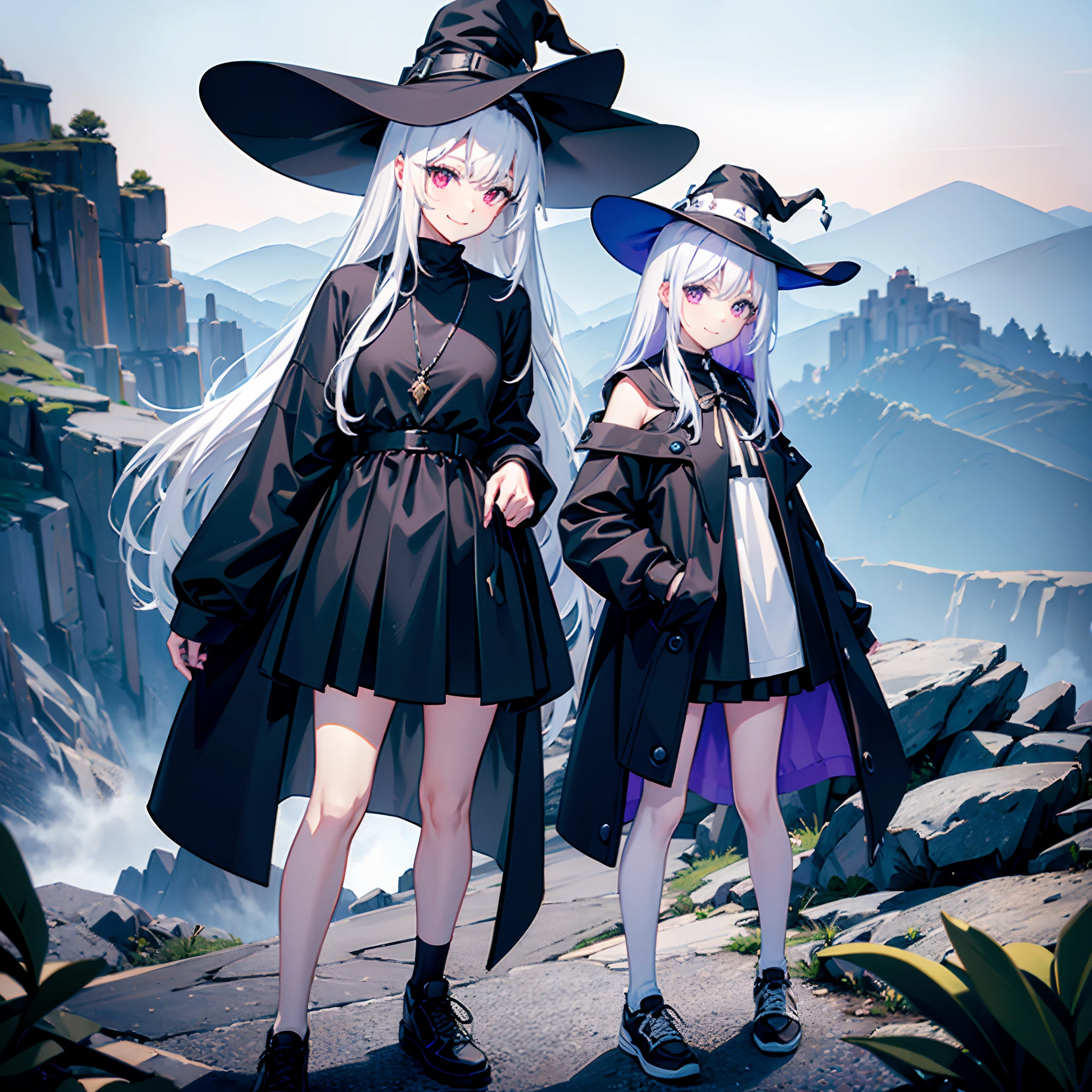 A mysterious Western-style otherworldly town、Standing Girl、Black coat、white t-shirt、a black skirt、beautiful thigh、Beautiful calves、Rob hair with white hair color with blue-violet mesh、Looking at me with a smile、Black sneakers with white shoelaces、Large witch hat with sapphire accessories、Red eyes with highlights、On a hilltop with a panoramic view of the town