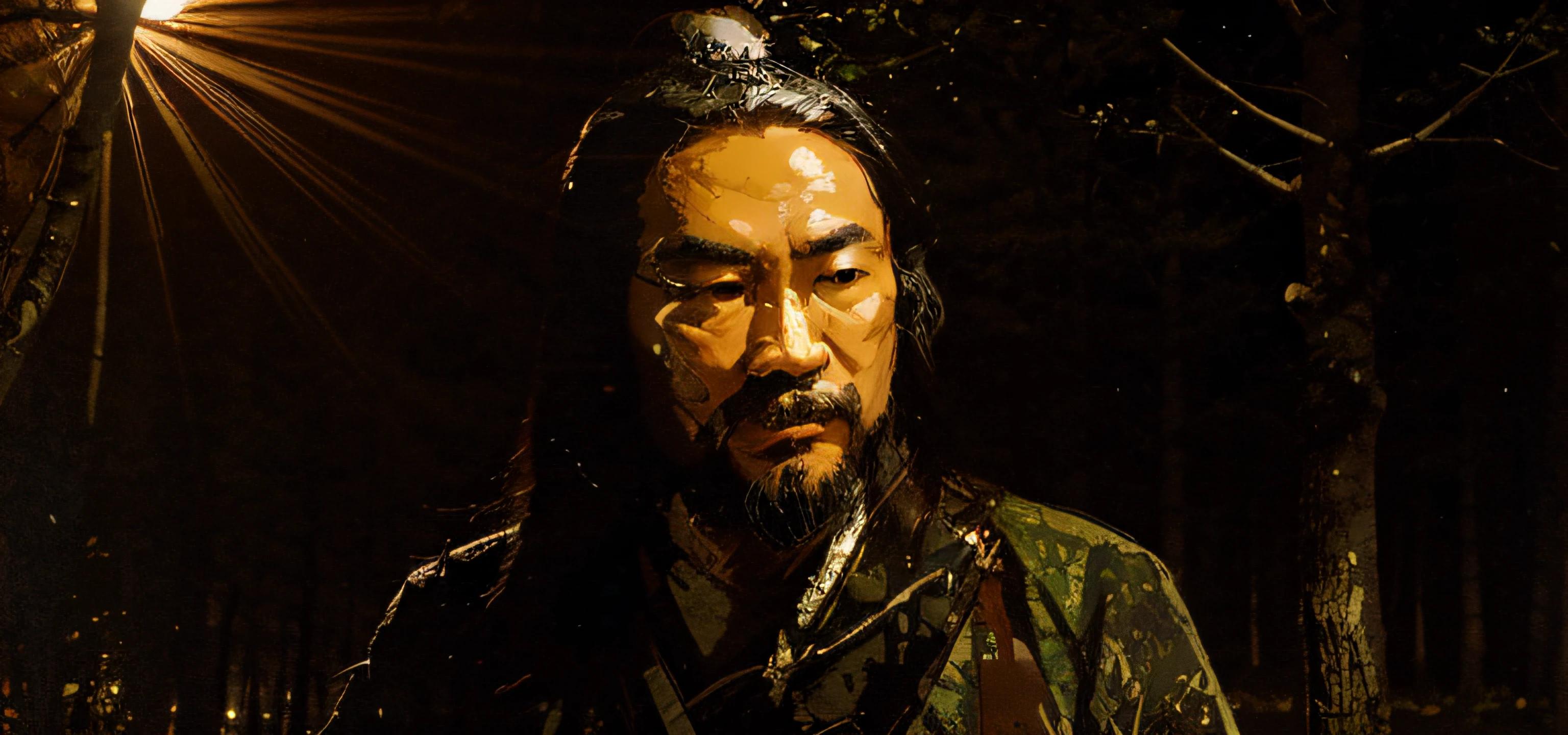 sun tzu, forest background with trees, at night