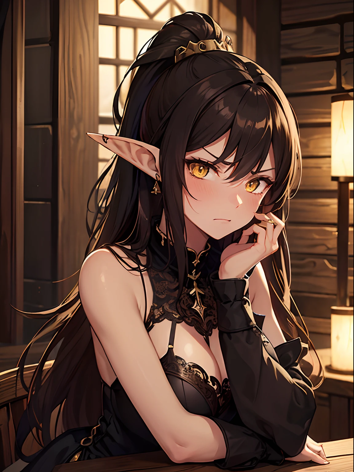 Close up, fantasy world, medieval, mansion, wooden walls, bedroom, woman, elf ears, dark tanned skin, yellow eyes, dark brown hair, ponytail, neat hair, annoyed expression, embarrassed, blushing, revealing black dress, sexy clothes, jewelry, lingerie