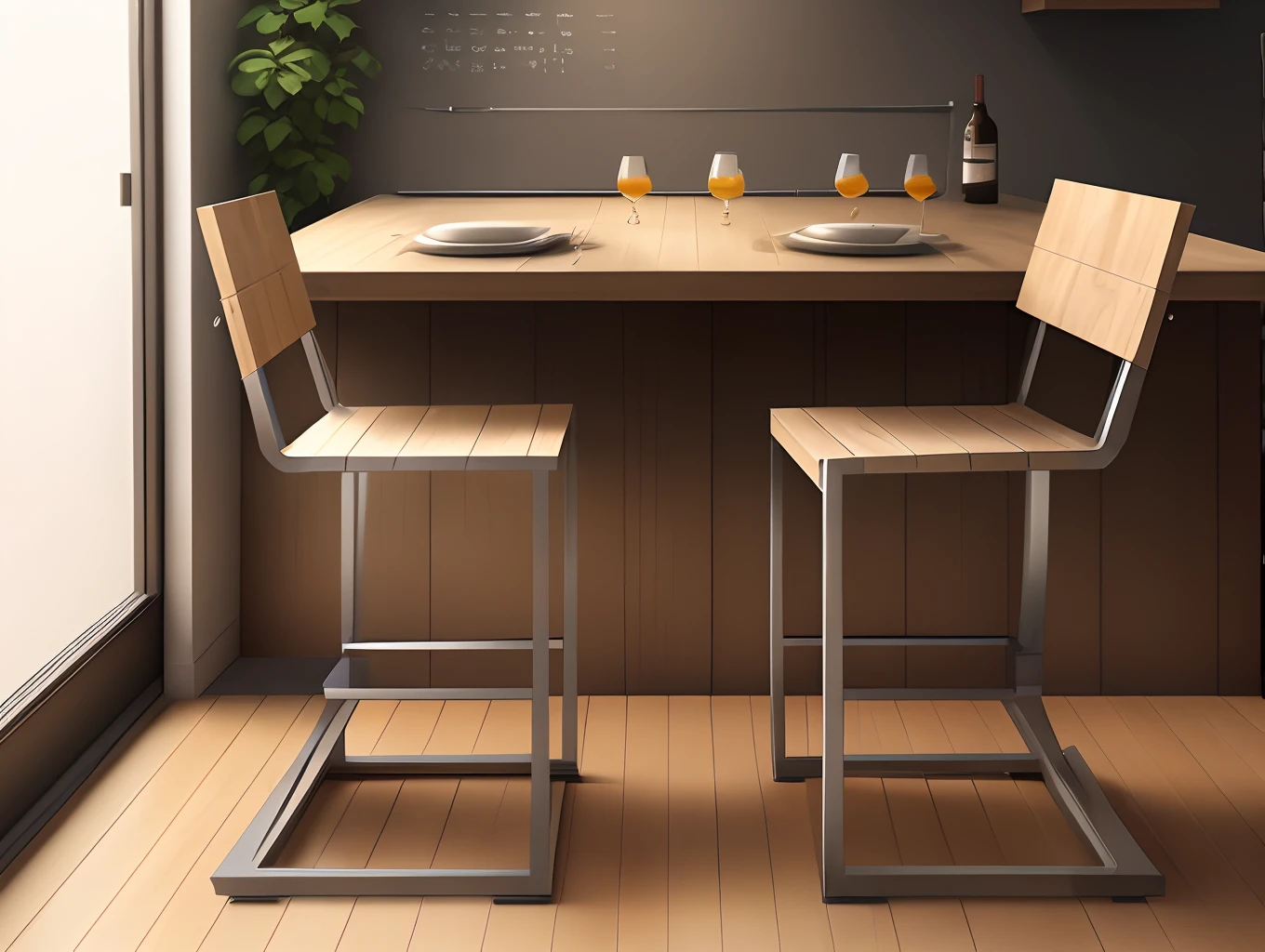 bar chair made of rectangles and squares complex looking with arm holders made of wood and wire