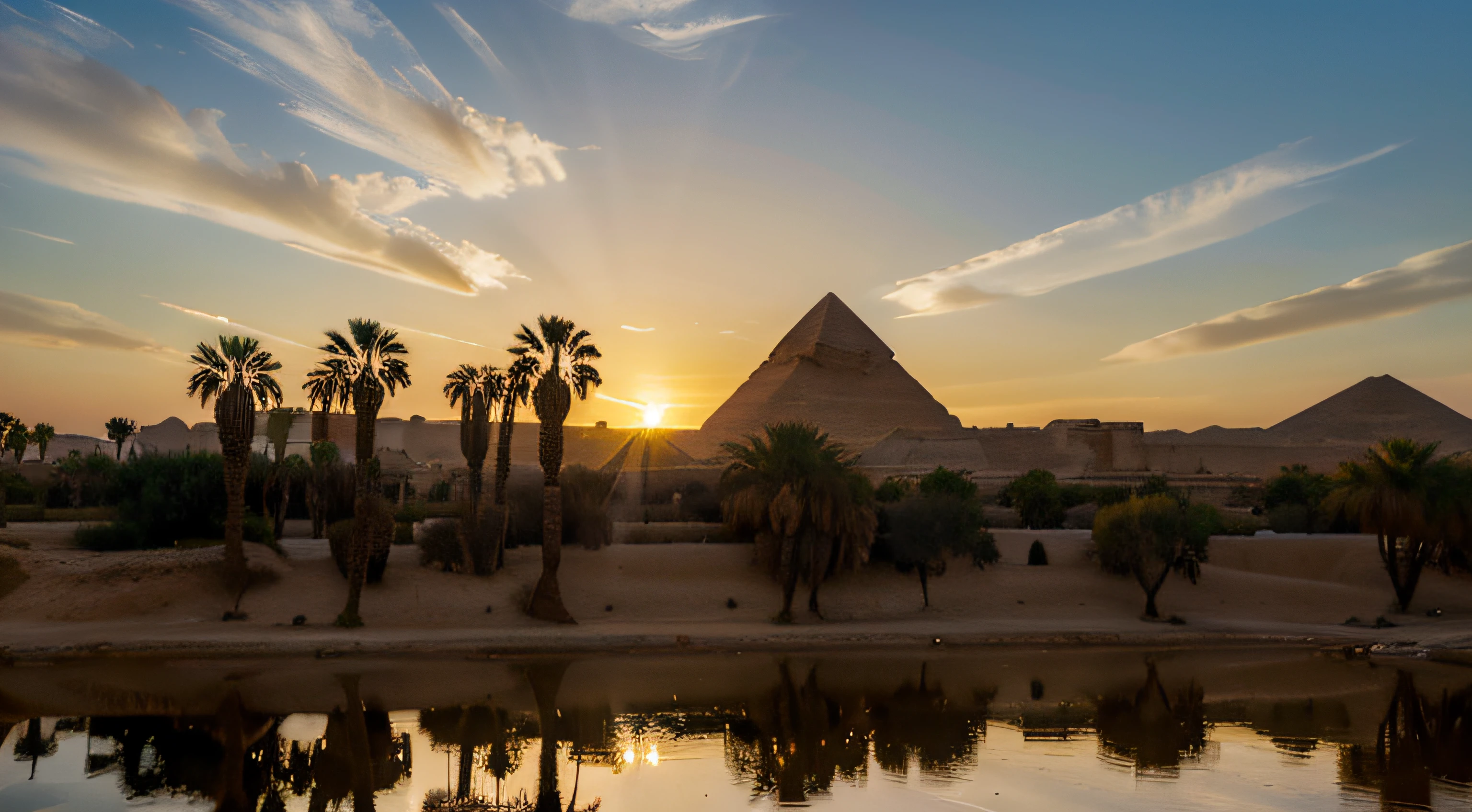 Masterpieco,high quality photo,egyptian landscape,palms,papyrus,sky with a few clouds,masterpiece:1.2,ultra-detailed,realistic,sumptuous colors,warm lighting,enchanting atmosphere,soft shadows,impressive pyramid,sphinx in the distance,ancient ruins,reflected in the calm river,hieroglyphics,pharaoh's tomb,hint of mystery,distant desert horizon,silhouettes of camels,serene and timeless scenery
