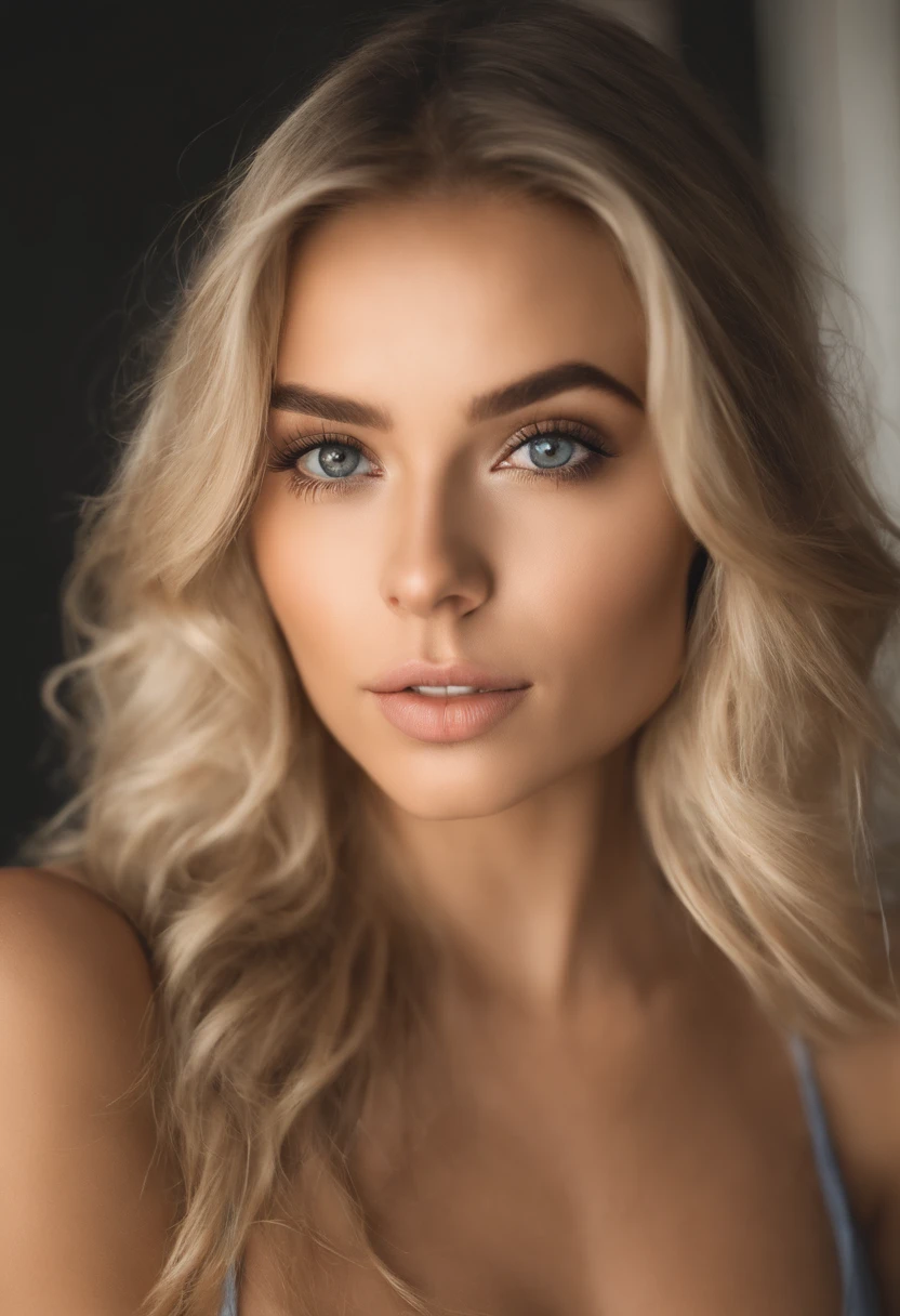 oman with matching tank top and panties, fille sexy aux yeux bleus, Portrait Sophie Mudd, Portrait de Corinna Kopf, cheveux blonds et grands yeux, selfie of a young woman, ohne Maquillage, maquillage naturel, Look directly into the camera, Visage avec Artgram, dezentes Maquillage, Superbe photo du corps entier, dans la chambre, gros seins, Blonde, Latin
