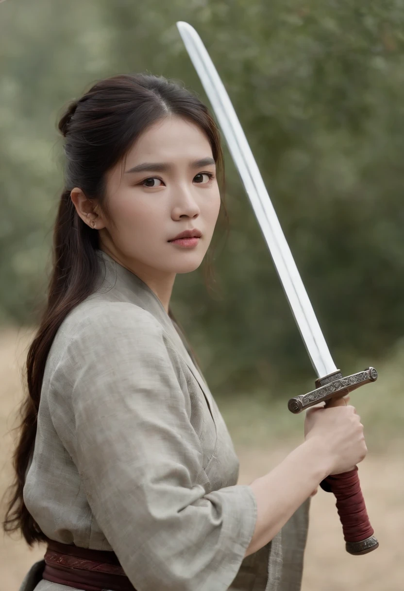 UHD, 8k, Here's a woman kneeling with a sword in her hand, desembainhando sua katana, she is holding a katana sword, com espada grande, posando com uma espada, she is holding a sword, long sword in her hand, segurando uma espada em seu ombro, Katana Chainsaw Sword, IU Lee Ji-eun