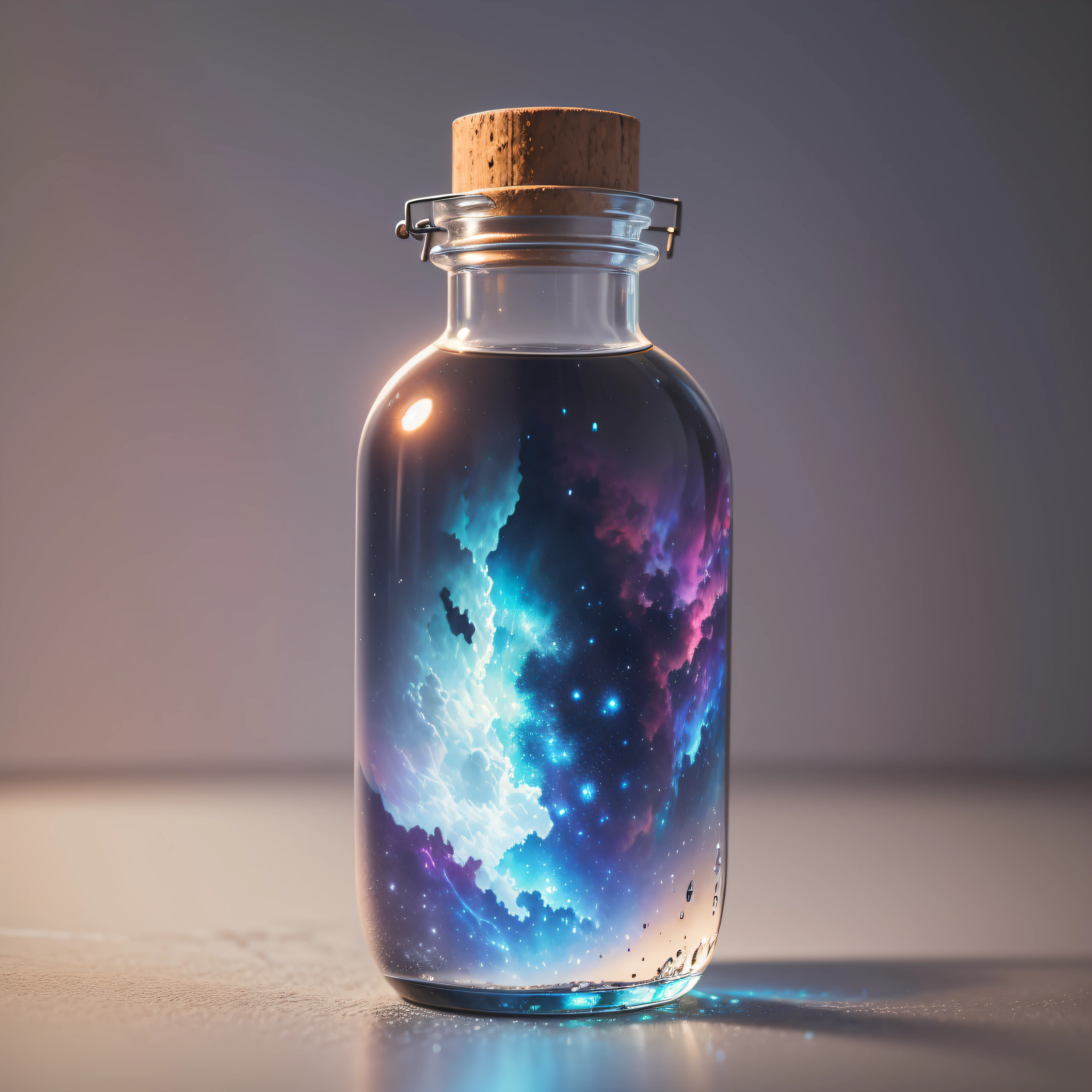 An extraordinary masterpiece that captures the essence of nebula in a seemingly ordinary glass bottle. Rendered in breathtaking 8k resolution, this piece is highly detailed, showcasing impeccable quality that truly sets it apart, (mid-night background) --auto --s2