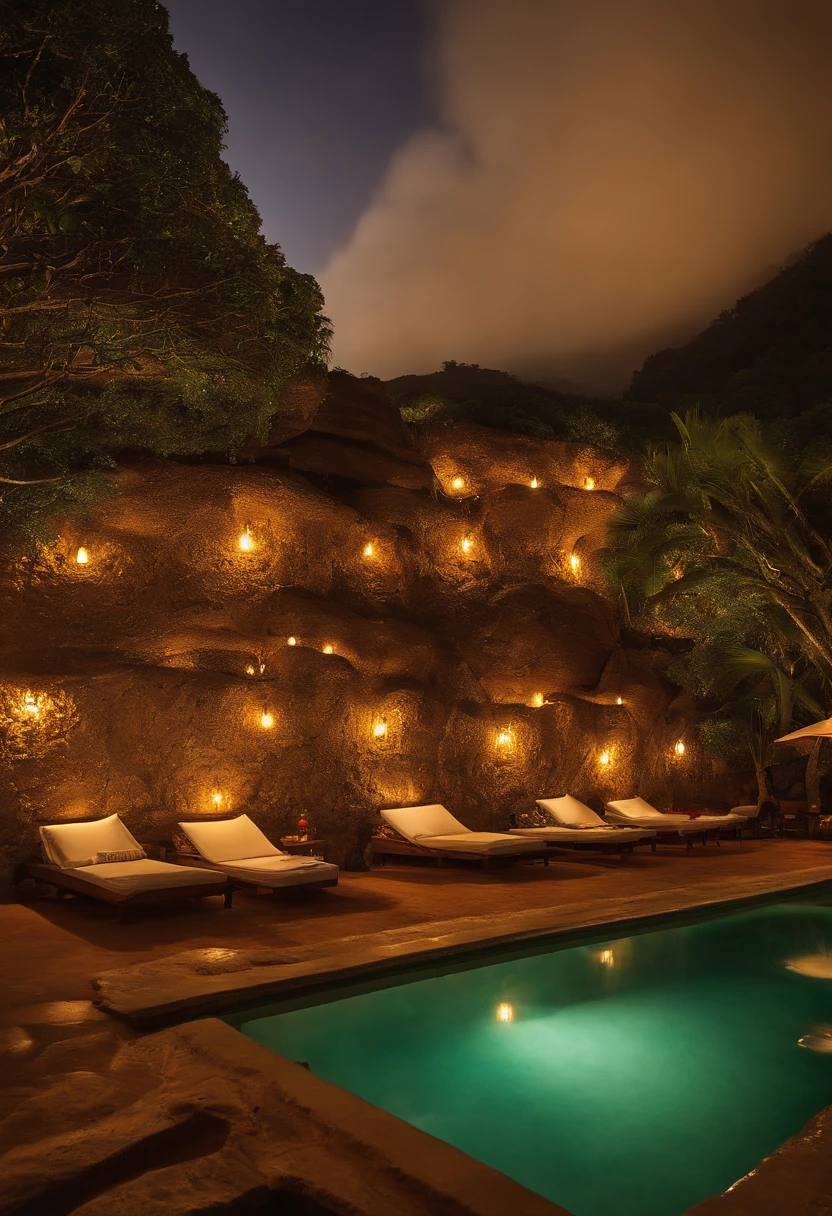 Criar um hotel com apartamentos estilo caverna, This must have king size beds, Rustic décor and pelumbre light, Ocean views and man-made rock pool with waterfalls and sun loungers, restaurante sofisticado de estilo rustico, imagem em 8k