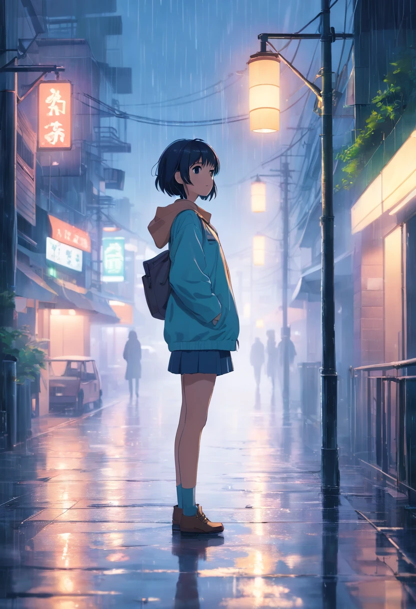 A beautiful girl standing in the rain., Medium: watercolor, detailed facial features, flowing hair, vibrant colours, Wet roads, Light reflection, Variable atmosphere, (bestquality, Realistic), Rainy day atmosphere, city scape, Urban backdrop, pond, Raindrops that shine on her skin., Wet clothes cling to her body., Feelings of desire and solitude, dramatic light, Soft fluorescent street light, Rain, fog covered the scene., Silver tone, Fog background, A touch of melancholy.