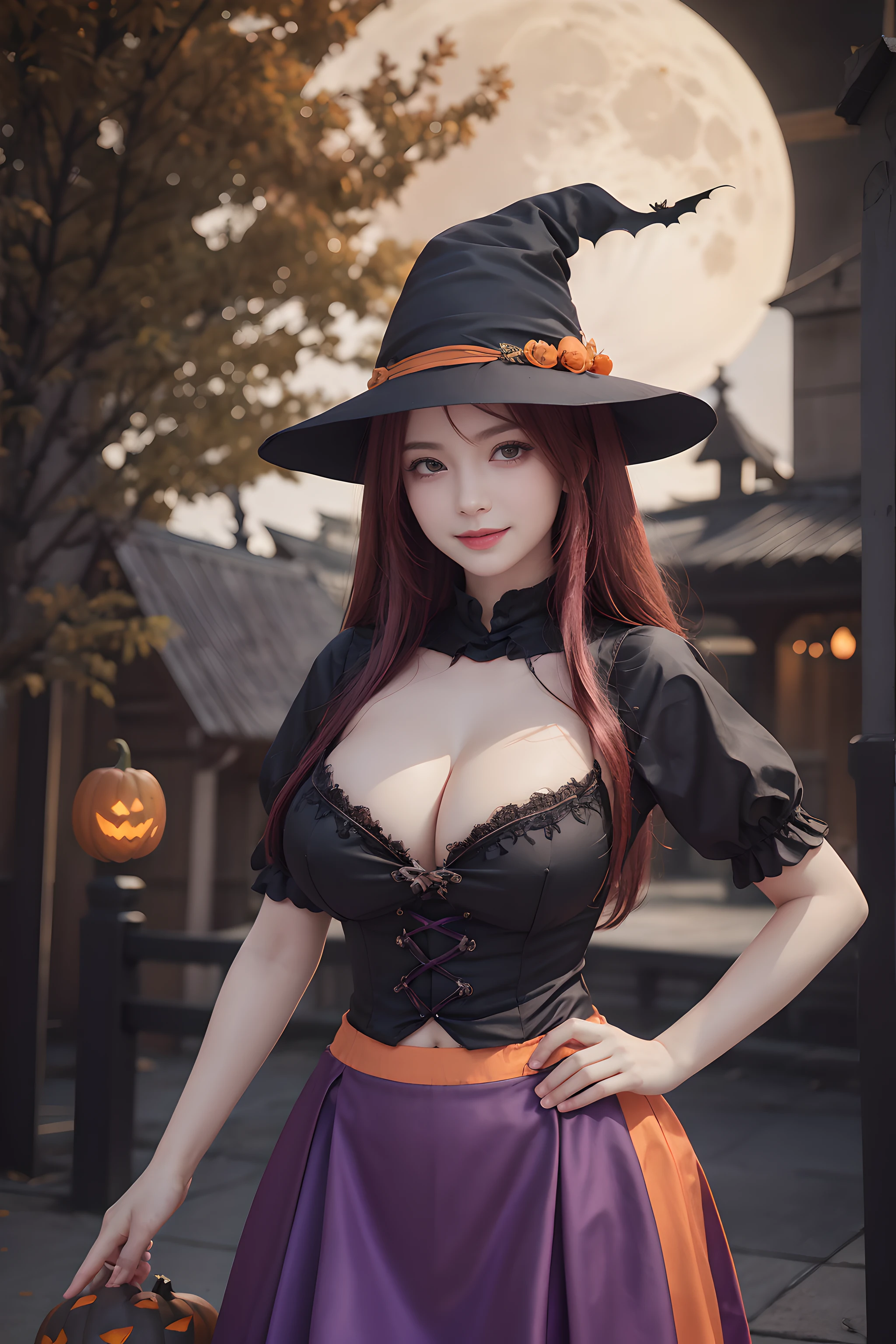 (Halloween theme:1.5), (fantasy:1.5), upper body portrait of a tall very busty beautiful women wearing halloween witch costume, skin tight full lacy ultra detailed embroidery Dirndl, (fusion of orange Dirndl and satin aodai:1.2), (purple skirt:1.3), BREAK, ((;D1.3, evil smile:1.2)), perfect face,perfect eyes,HD details,high details,sharp focus,studio photo,HD makeup,shimmery makeup,celebrity makeup,(( centered image)) (HD render)Studio portrait,magic, magical, fantasy,(huge breast)(large breast), halloween house, jack-o' challenge, pink hair, halloween background, bright pumpkin, (arms down),(arms behind),(moon light:1.3),