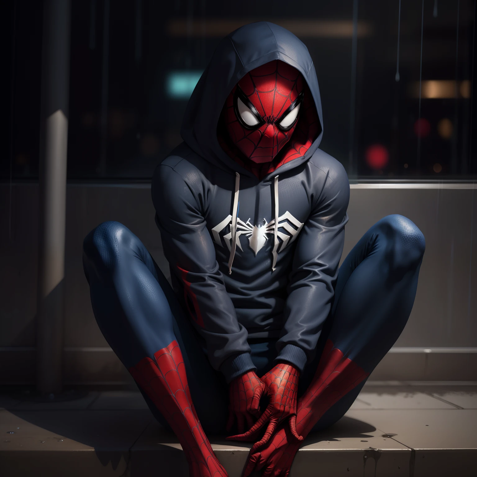 sad spiderman in a hoodie sitting & it’s raining