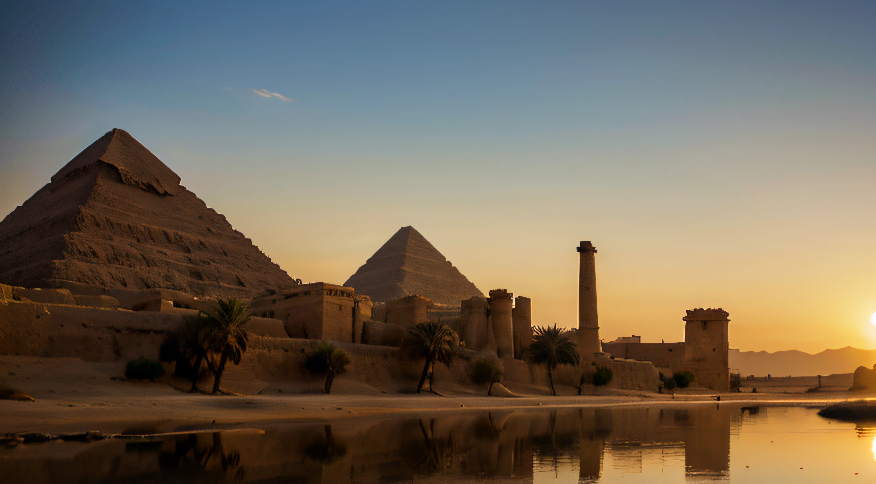 Masterpieco,high quality photo,egyptian landscape,palms,papyrus,sky with a few clouds,masterpiece:1.2,ultra-detailed,realistic,sumptuous colors,warm lighting,enchanting atmosphere,soft shadows,impressive pyramid,sphinx in the distance,ancient ruins,reflected in the calm river,hieroglyphics,pharaoh's tomb,hint of mystery,distant desert horizon,silhouettes of camels,serene and timeless scenery