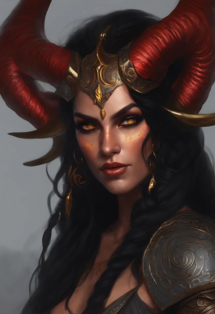 Female Tiefling with long black hair and spiral horns. She has black eyes, red skin with yellow freckles
