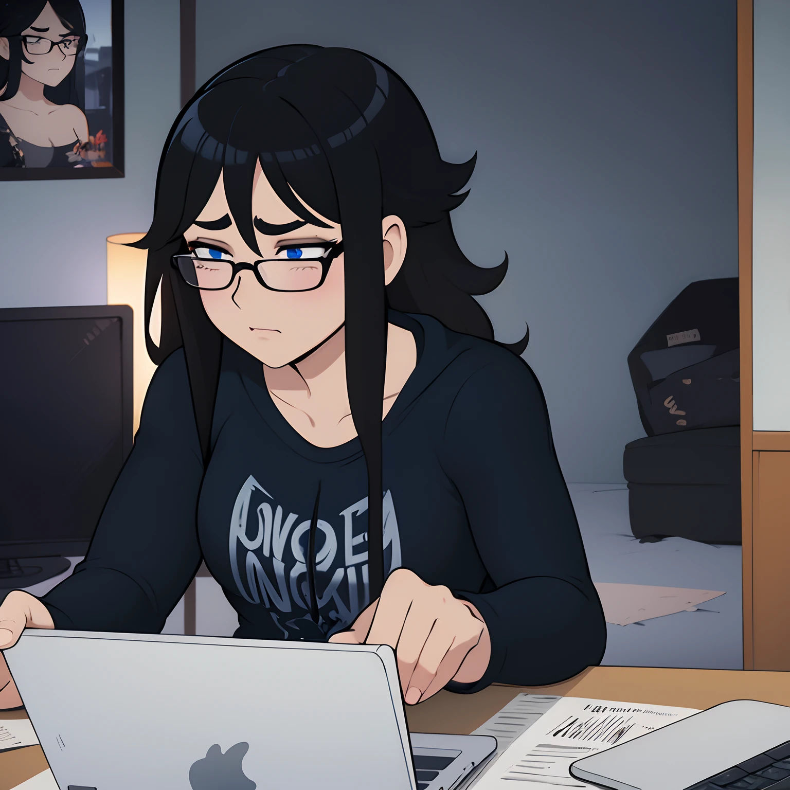 volumetric lighting, low ambient lighting, highres, masterpiece, 8k, (dark blue eyes with dark circles), tired, melancholy, depressed, sad, detailed black hair, (messy hair), long greasy hair, disheveled, unwashed, thick eyebrows, ripped camisole, (wearing glasses), dark dingy messy bedroom, laptop computer, multiple tangled black electrical cables, led lights, warning lights, (night)