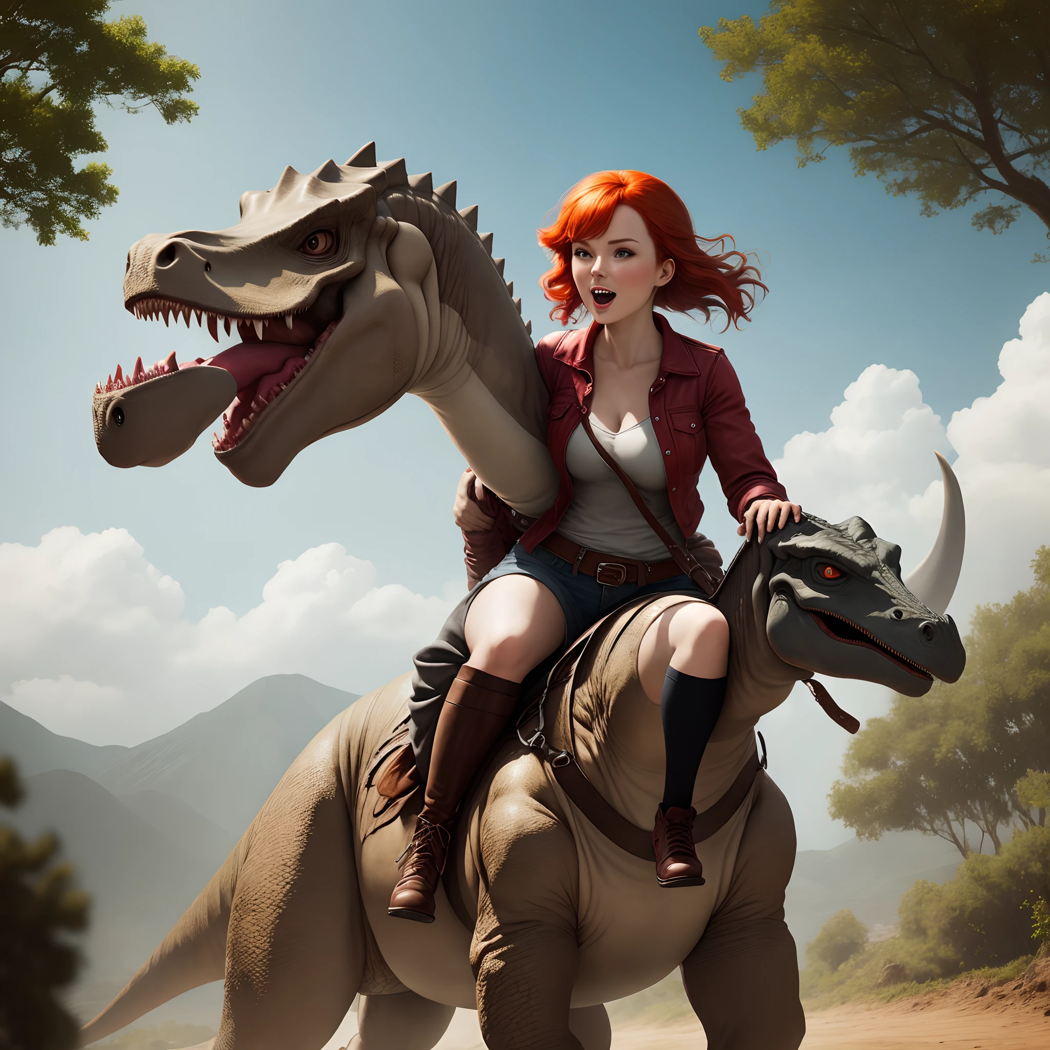 Red head woman riding a dinosaur