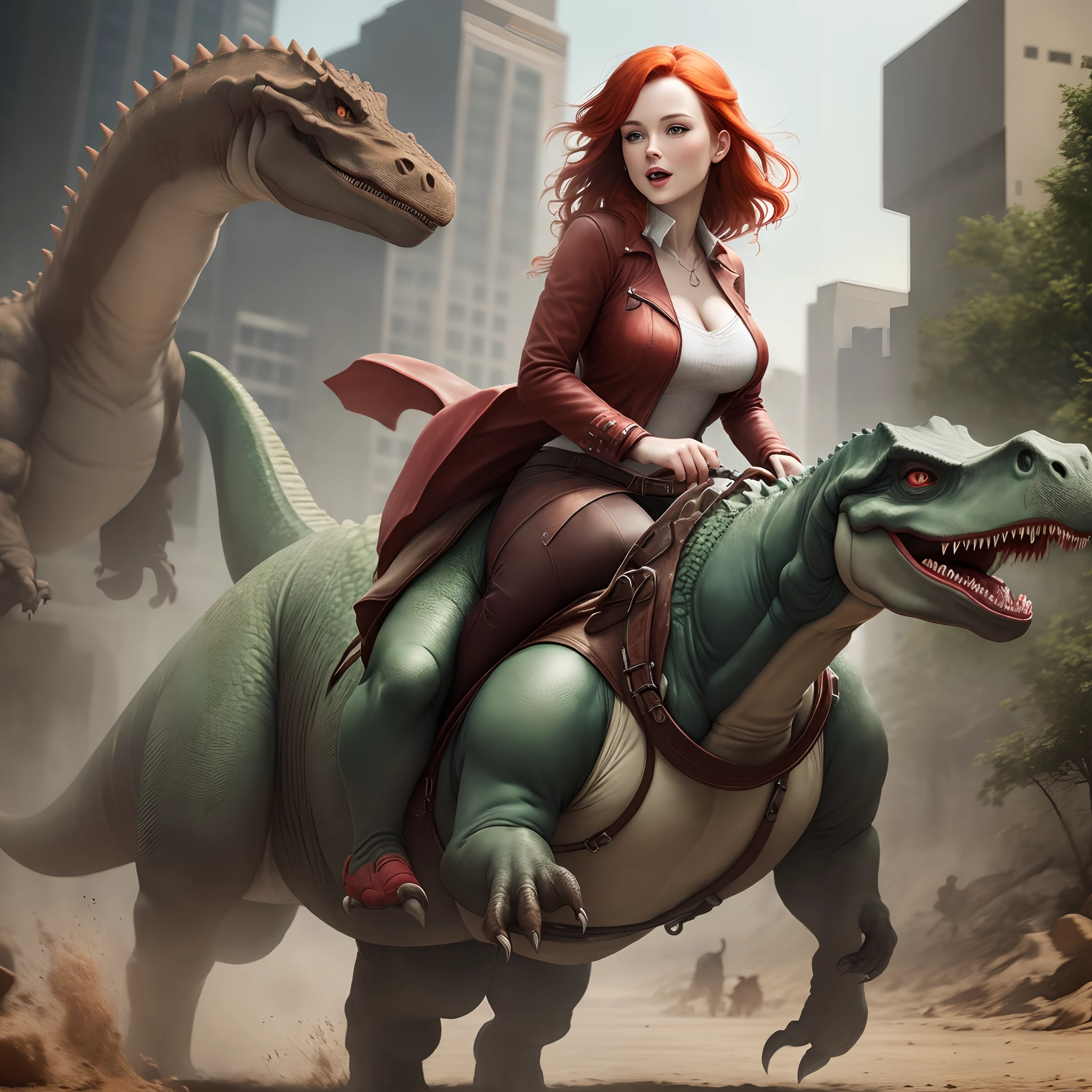 Red head woman riding a dinosaur